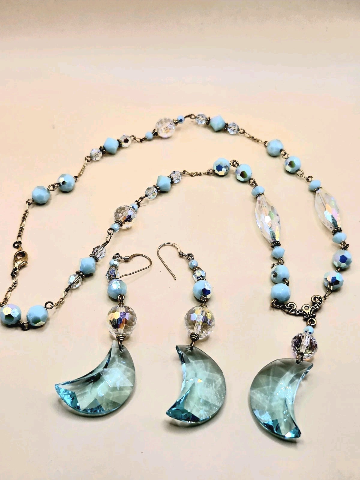 Necklace Set Glass Crystal W Match Pierced Earr Coastal Blue Moon 22″ 0094