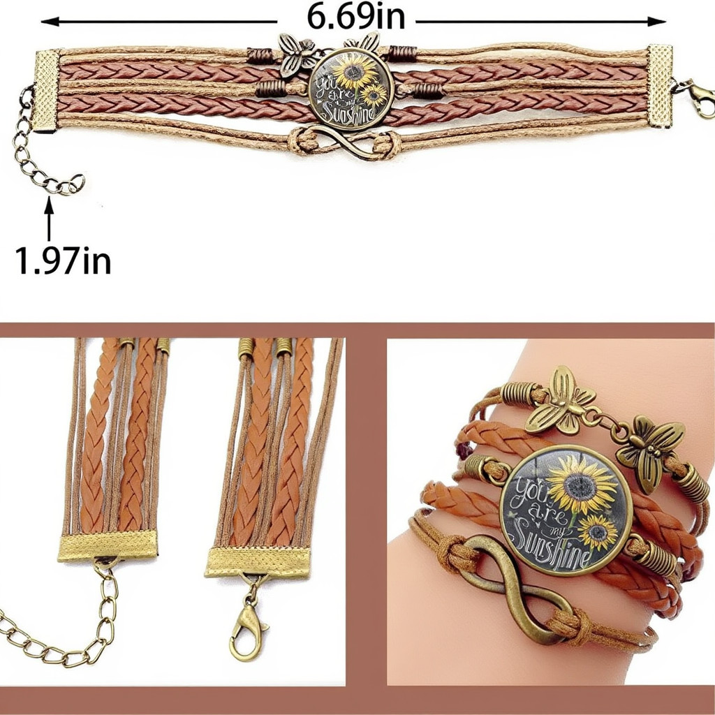 Sunflower Boho Bracelet & Bee Earrings Set Women Gold Tone Vintage Gift Bundle