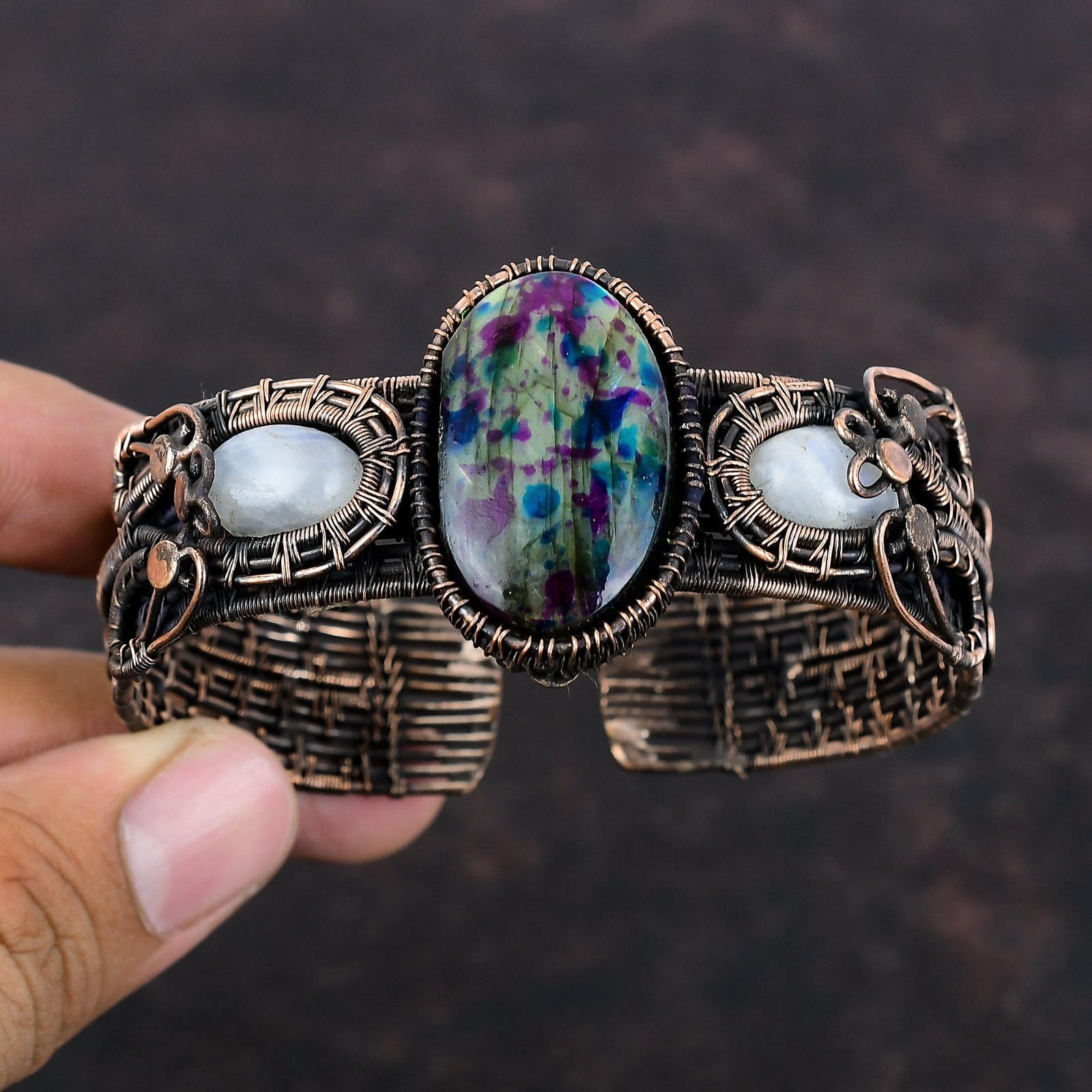 Multi Fire Labradorite Stone Rainbow Moonstone Unique Wire Wrapped Bangle Copper