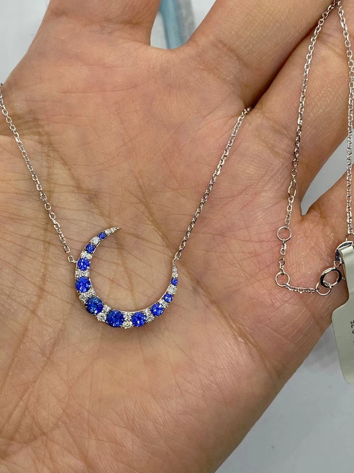 1.40Ct Round Simulated Sapphire Crescent Moon Pendant 14K White Gold Plated