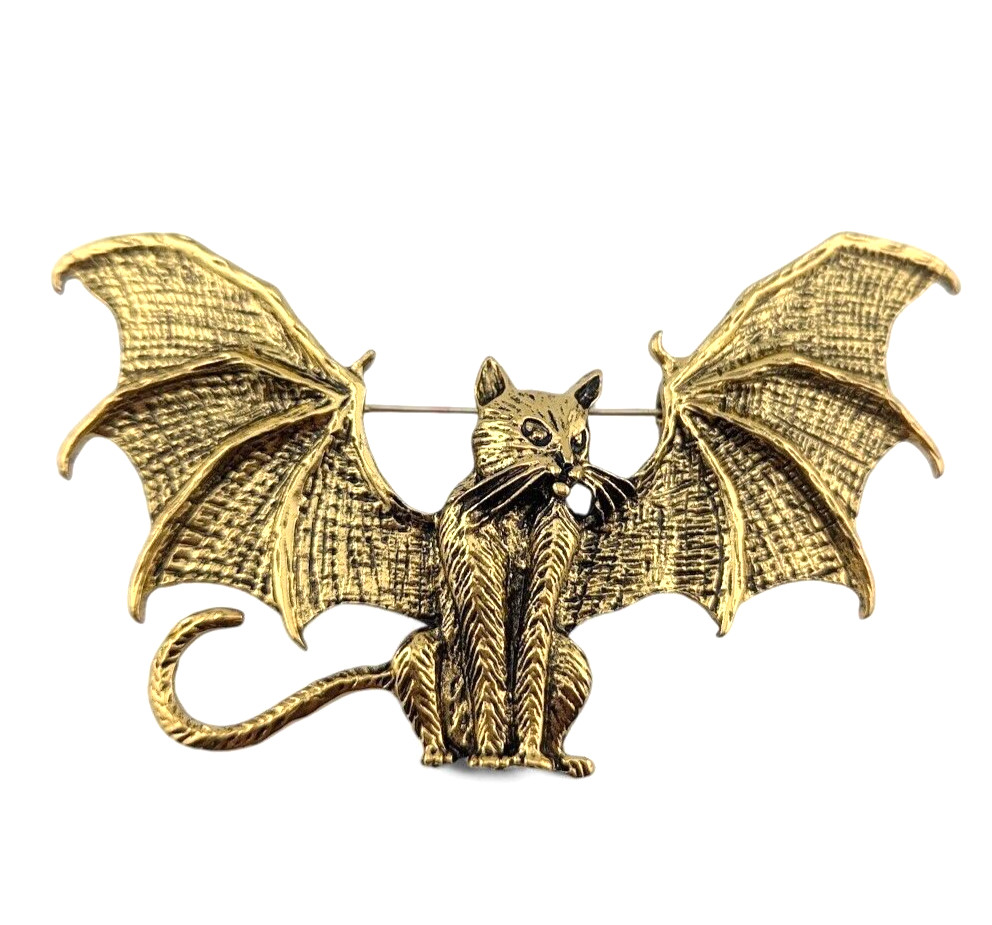 DEMON KITTY BROOCH large goldtone devil cat vampire bat wings halloween pin Z4
