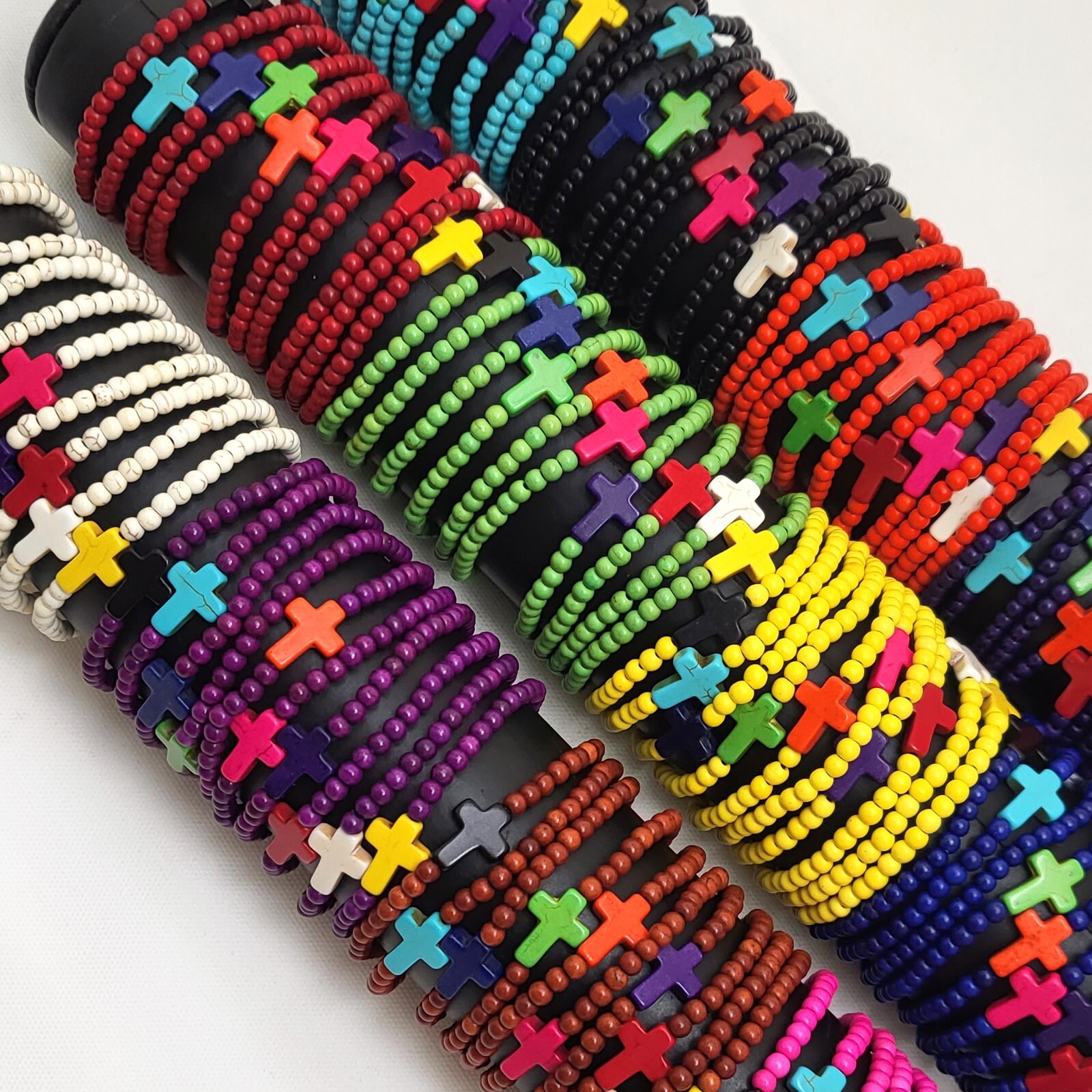 Cross Bracelet Handmade Beaded Howlite Turquoise Bead 7.5″ 6mm Halloween Gift