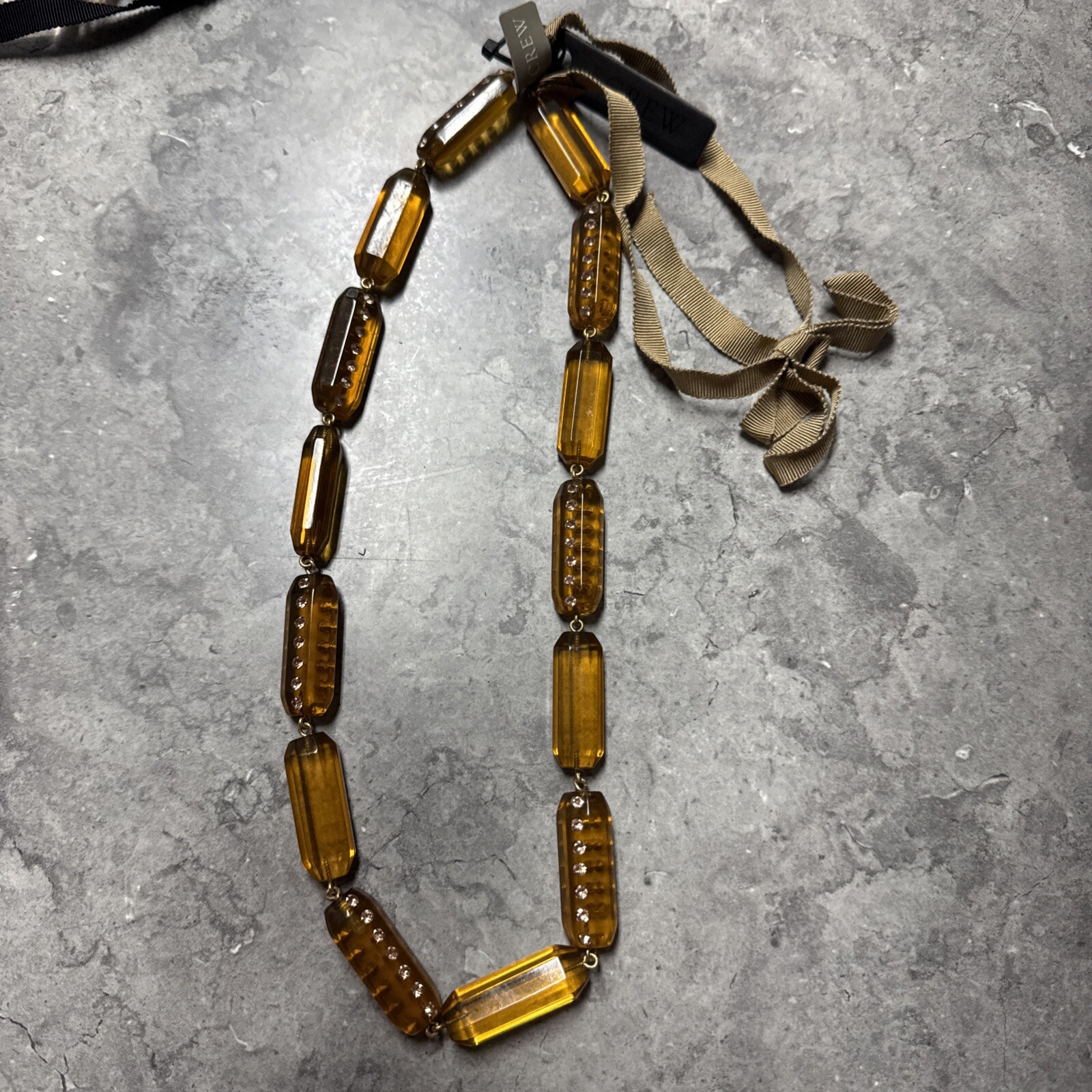 J Crew Bead Necklace Amber Colored Oblong Rhinestones Tan Ribbon 36″ NEW gift