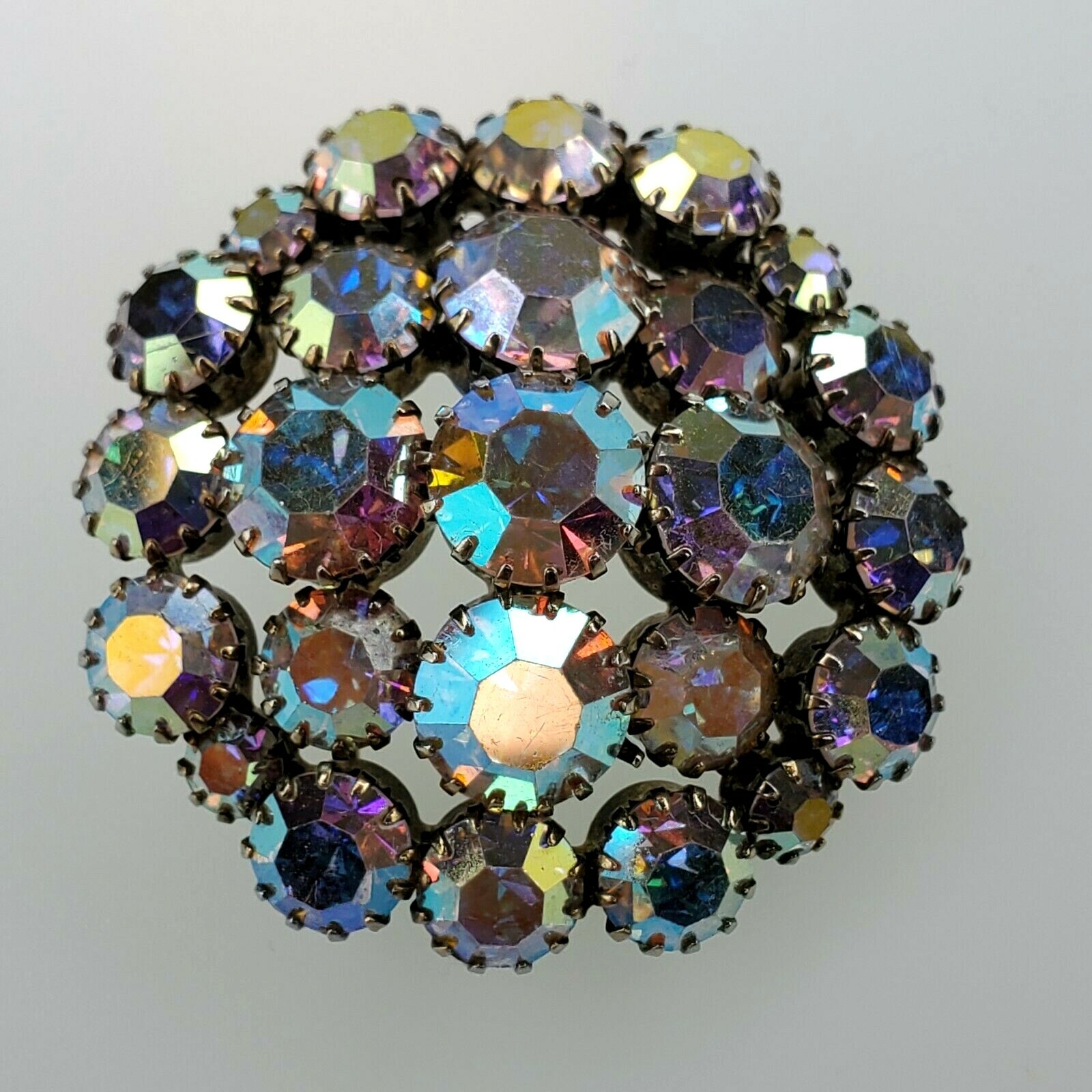 Statement Brooch Pin Areola Borealis Rhinestone Round Dome Encased Faceted