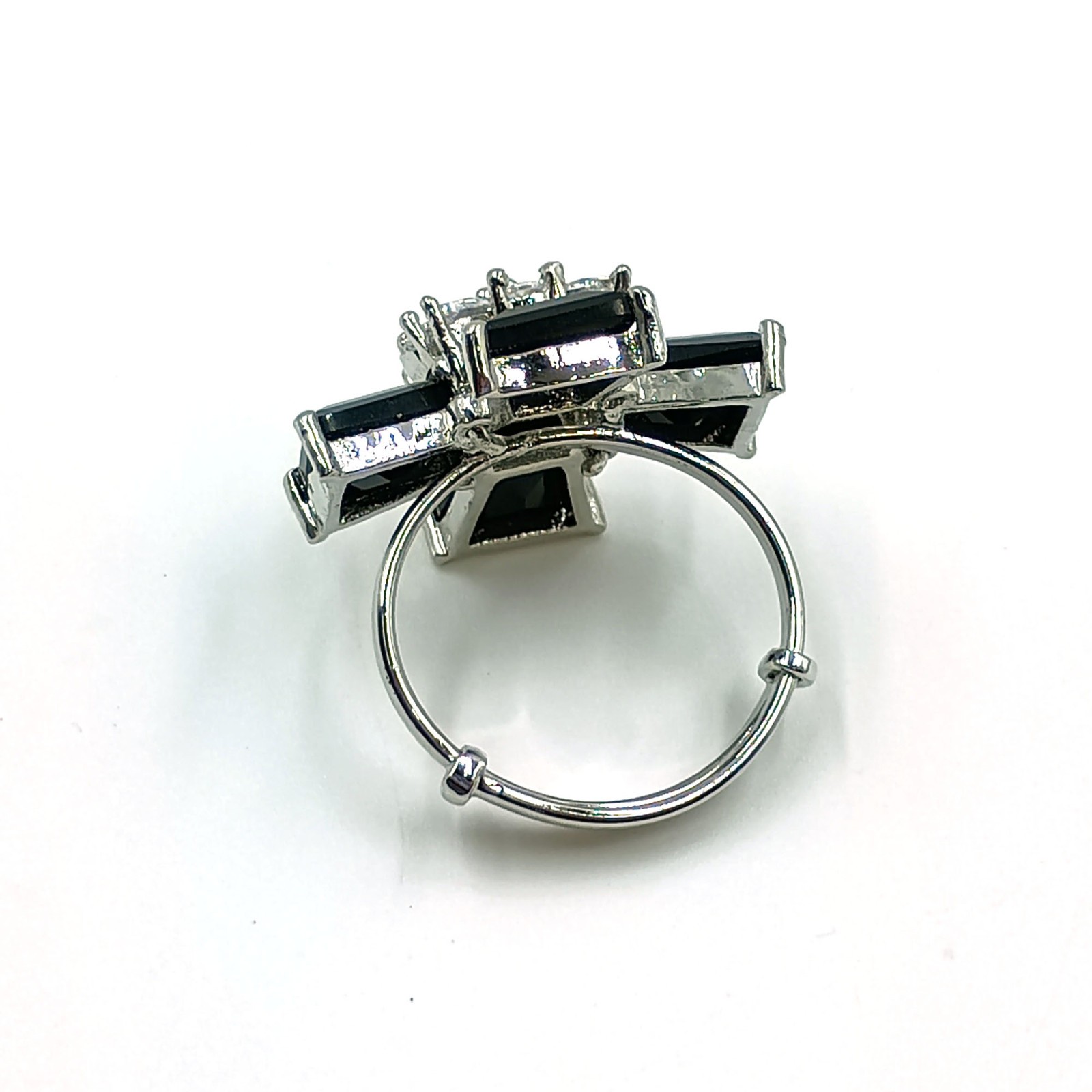 Black Stone CZ Cross Ring White Plated Adjustable Band Gothic Statement Jewelry