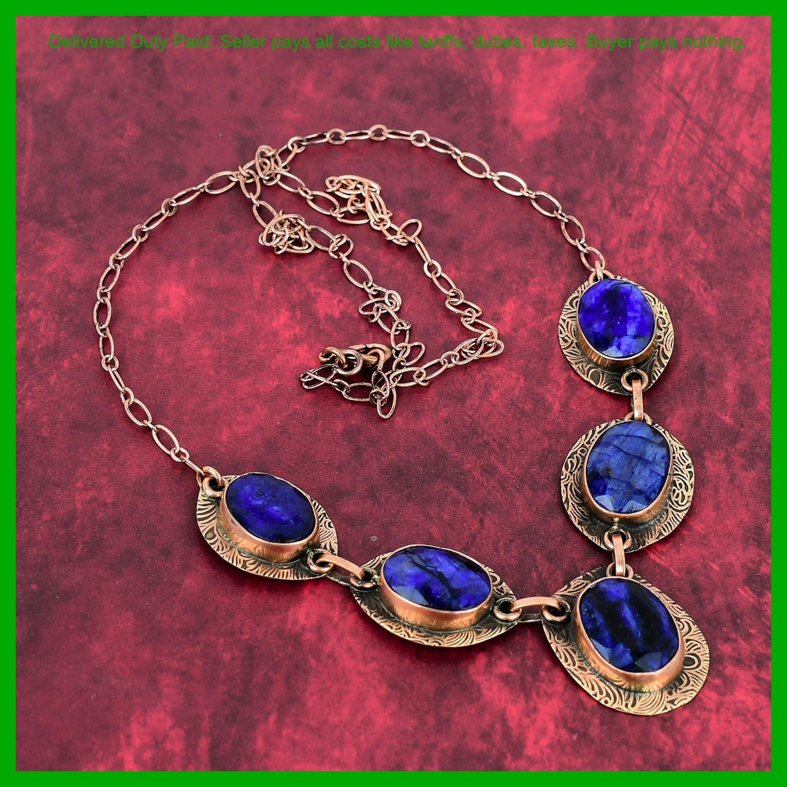 Copper Natural Blue Saphire Wire Wrapped Ethnic Artisan Birthday Chain Necklace