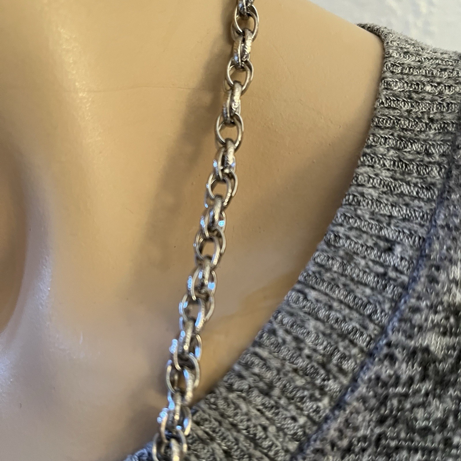 Silver Tone 24” Textured Double Rolo Oval Link Chain Necklace