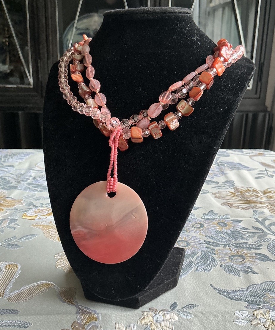 Pink Dyed Shell Pendant And Multistrand Beaded Necklace 17.5”-20.5”