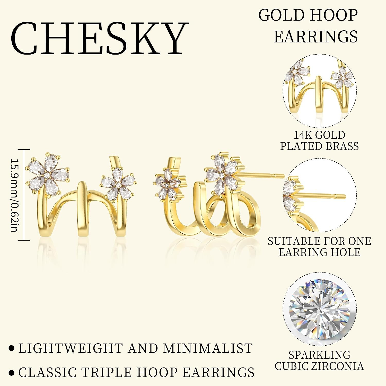 Triple Illusion Huggie Stud Earrings, 14K Gold Plated Trendy Flower Huggie Hoop