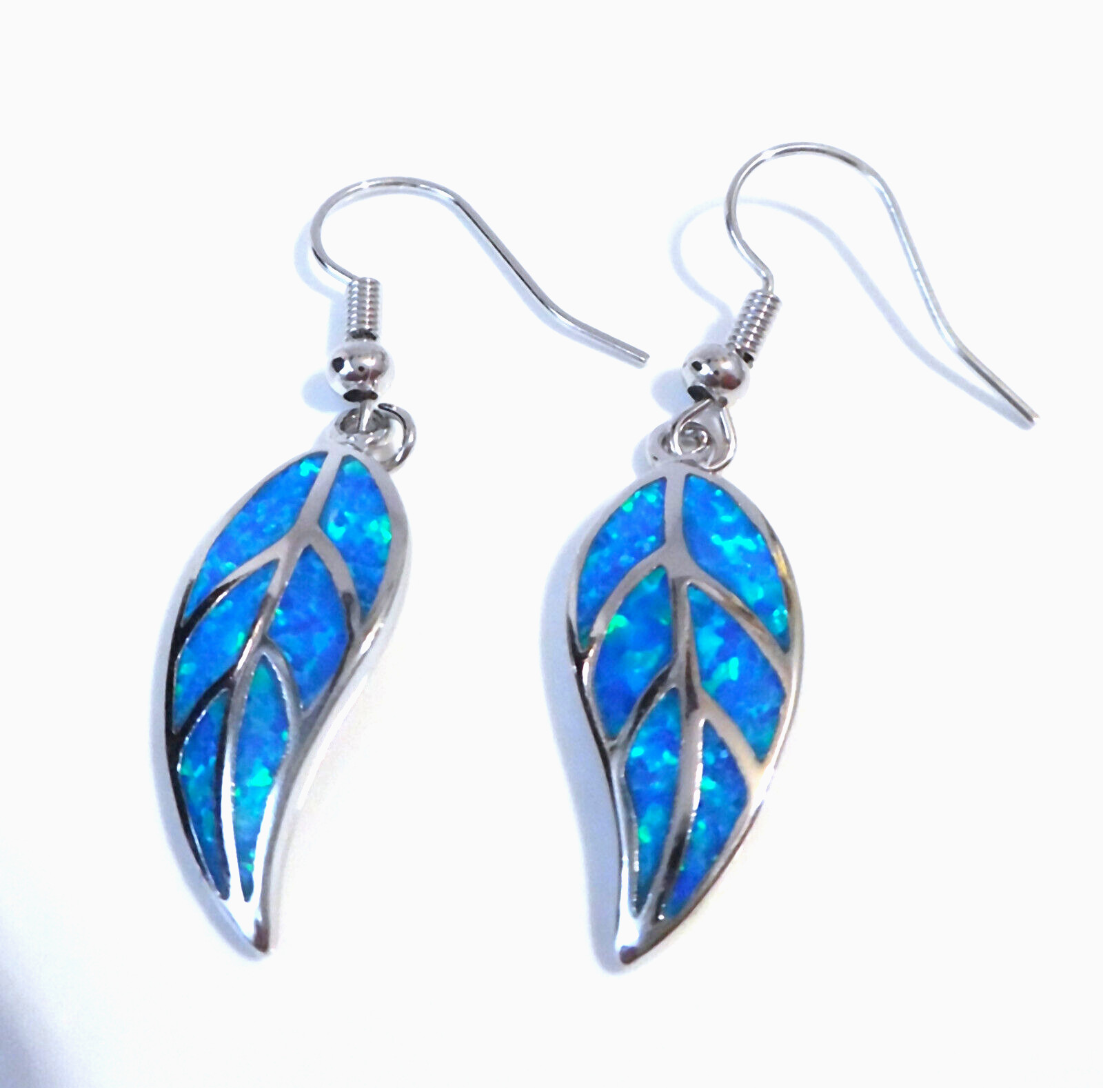 GORGEOUS BLUE FIRE OPAL LEAF HOOK EARRINGS