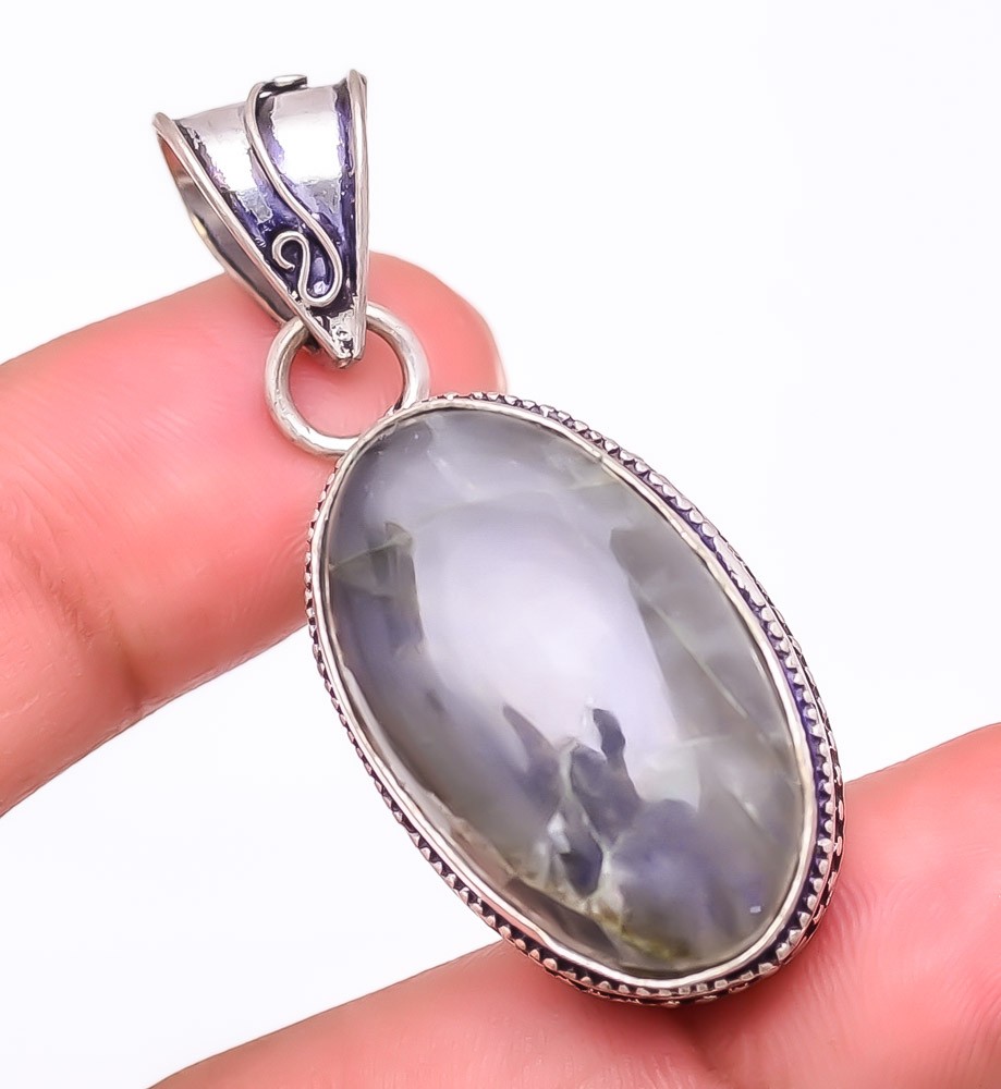 Natural Labradorite Rough Gemstone 925 Silver Plated Jewelry Pendant 1.8″ M152