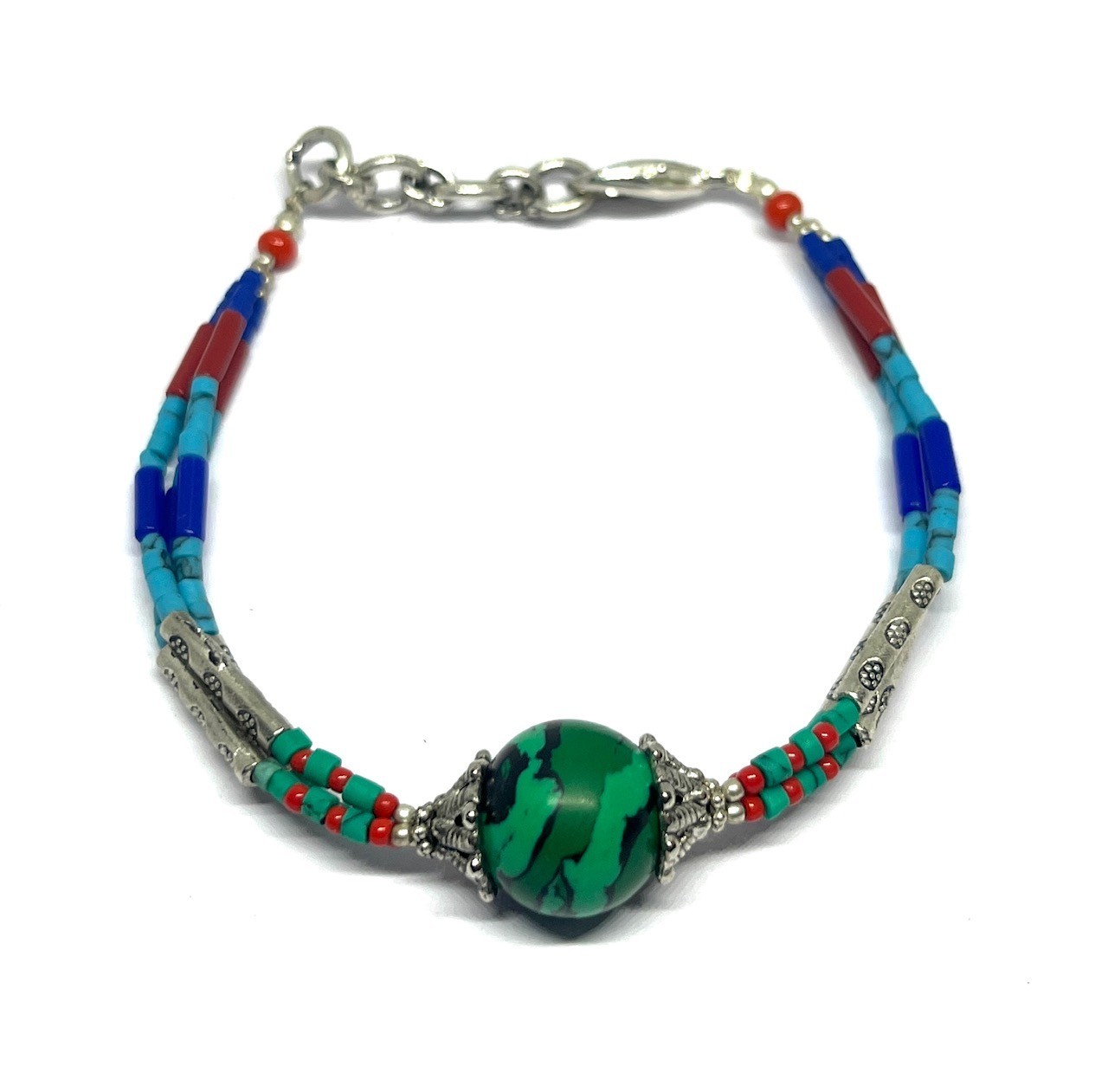 Vintage Malachite Turquoise Nepalese Silver Bracelet Jewelry, 7.0 Inch Adjs