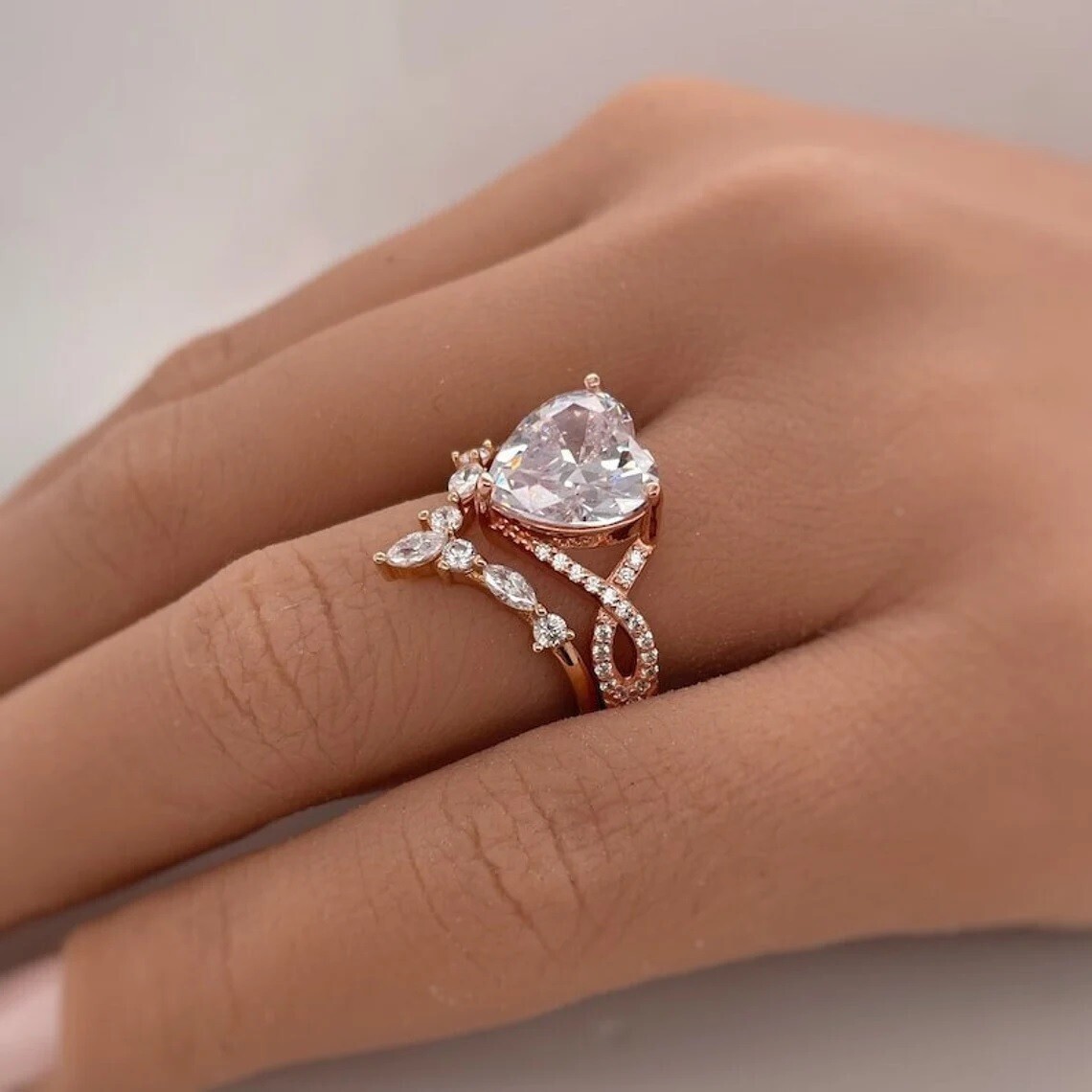 Bridal Set Women’s Ring 3Ct Heart Cut Simulated Diamond In 14K Rose Gold Plated