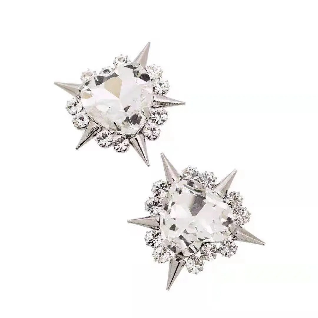 Crystal Heart Spike Stud Earrings Rhinestone Gothic Punk Alt Silver Jewelry