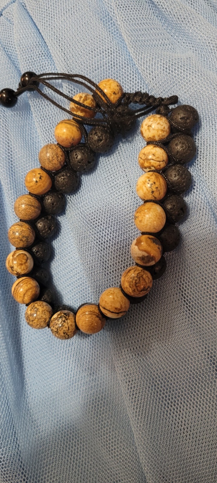 2 Rows 6/8/10mm Black Lava Stone Round Beads Adjustable Bracelet 7.5″