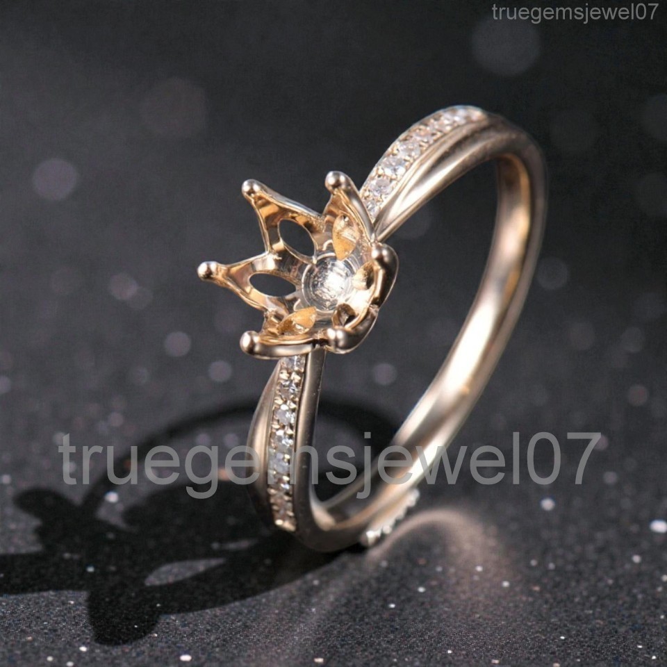 Stunning Crown Design Round Cut 6.5mm Semi-Mount Ring Setting Diamond Accented