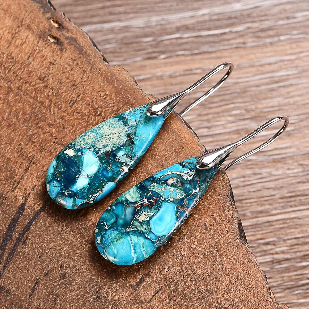Natural Blue Imperial Jasper Stone Ocean Energy Protection Teardrop Earrings