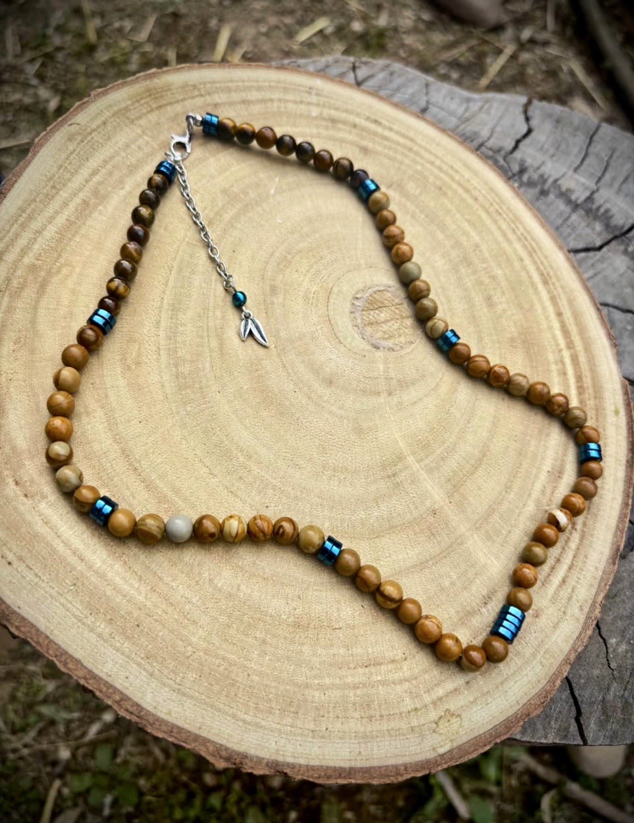 Yellow Jasper & Blue Hematite Bead Necklace w/ Leaf Charm, Adjustable