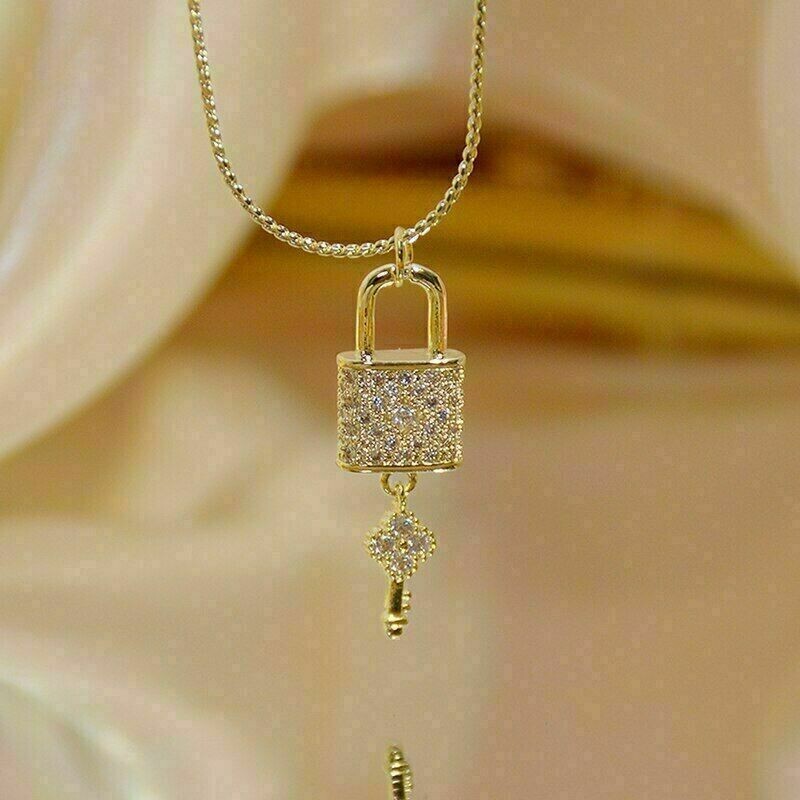 Round Cut Simulated Diamond Stunning Lock And Key Pendant 14K Yellow Gold Plated