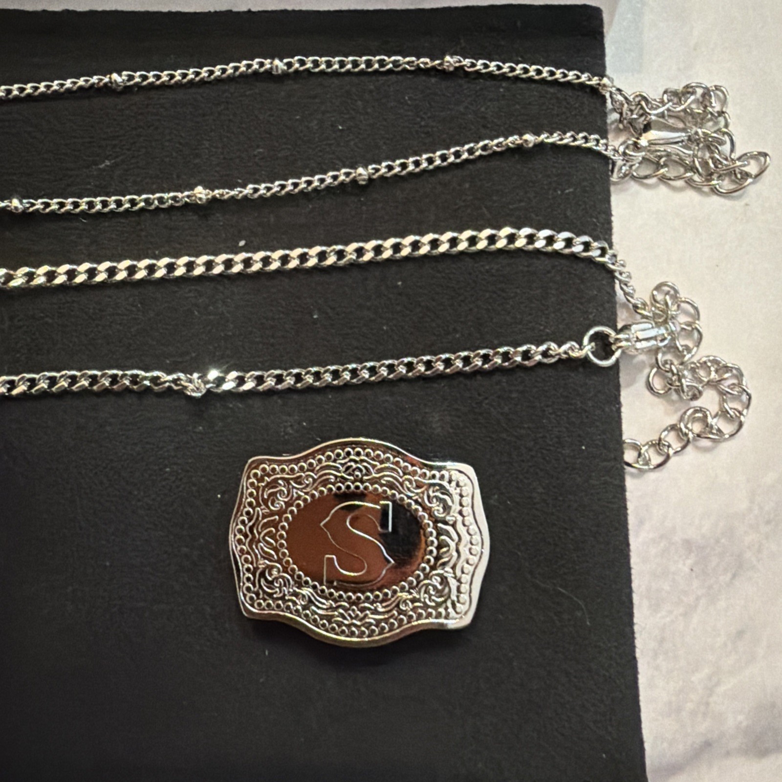 Belt Buckle Pendants, 1Set Letter S Pendant Necklace with Beaded Chain, Silver