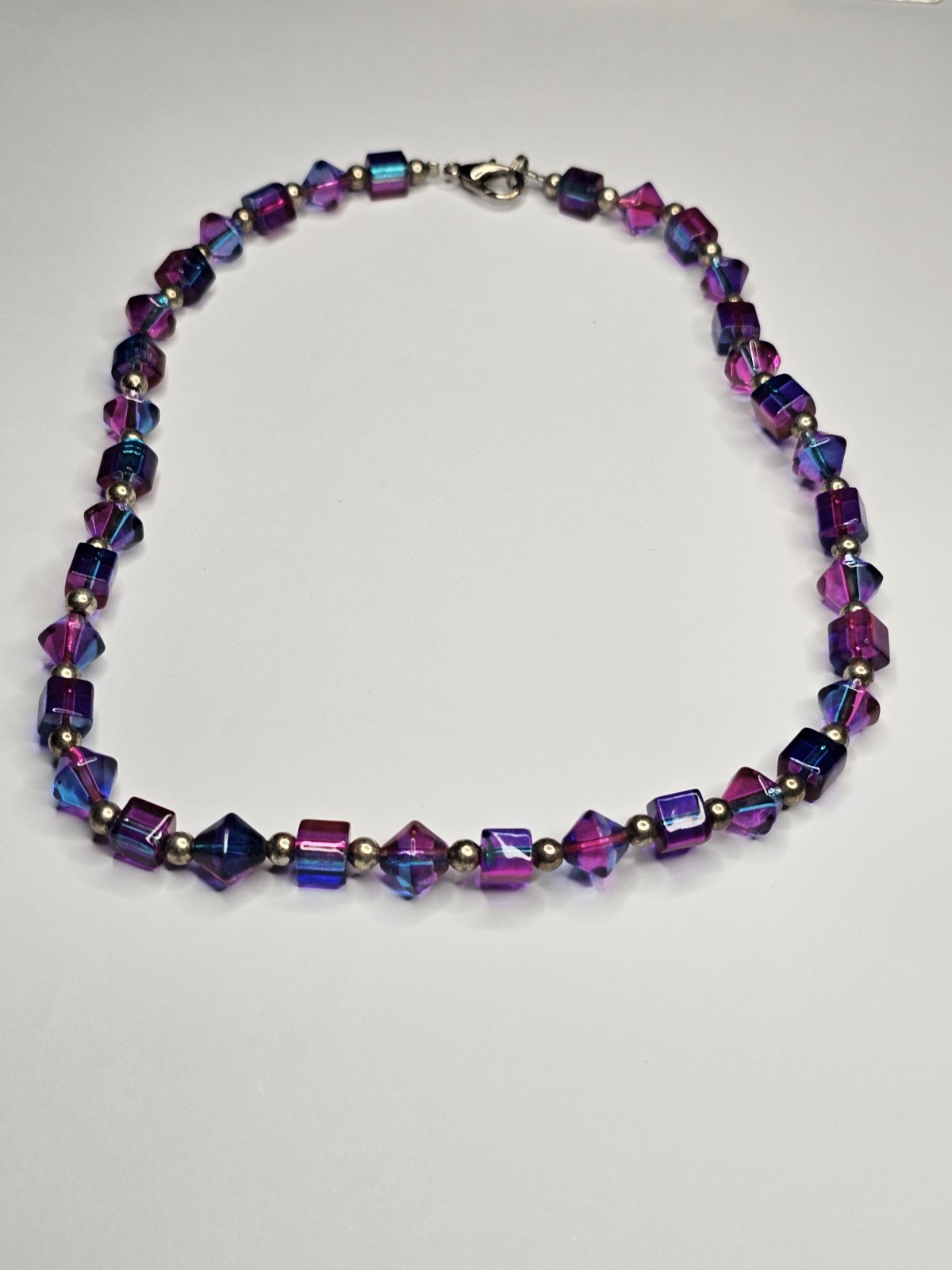 Vintage UV Reactive Possibly Color Process Necklace 15″ Cube & Bicone Beads 25g