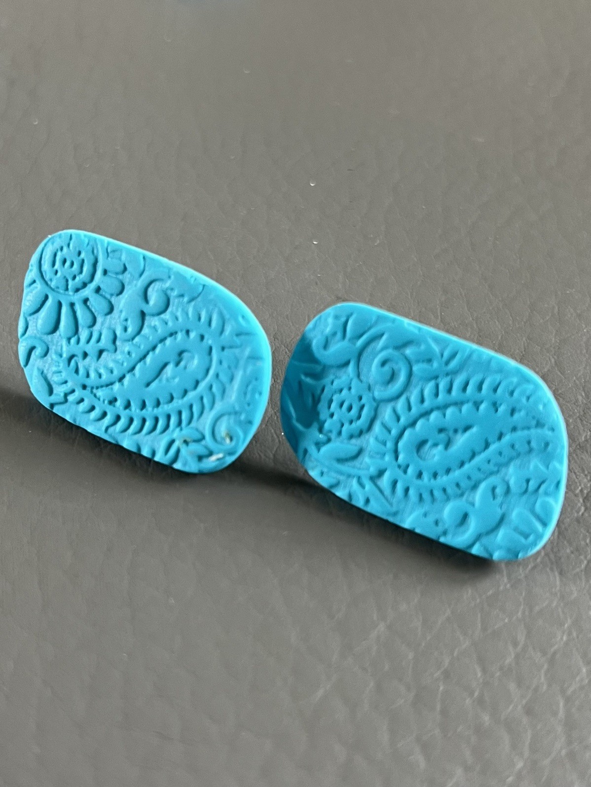 Handmade Turquoise Polymer Clay Stud Earrings – Paisley – Ultra Lightweight