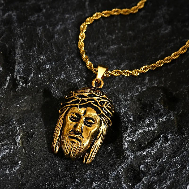 Gold Tone Jesus Head Charm Pendant Necklace, , Lobster, 23.6 in Stainless Steel