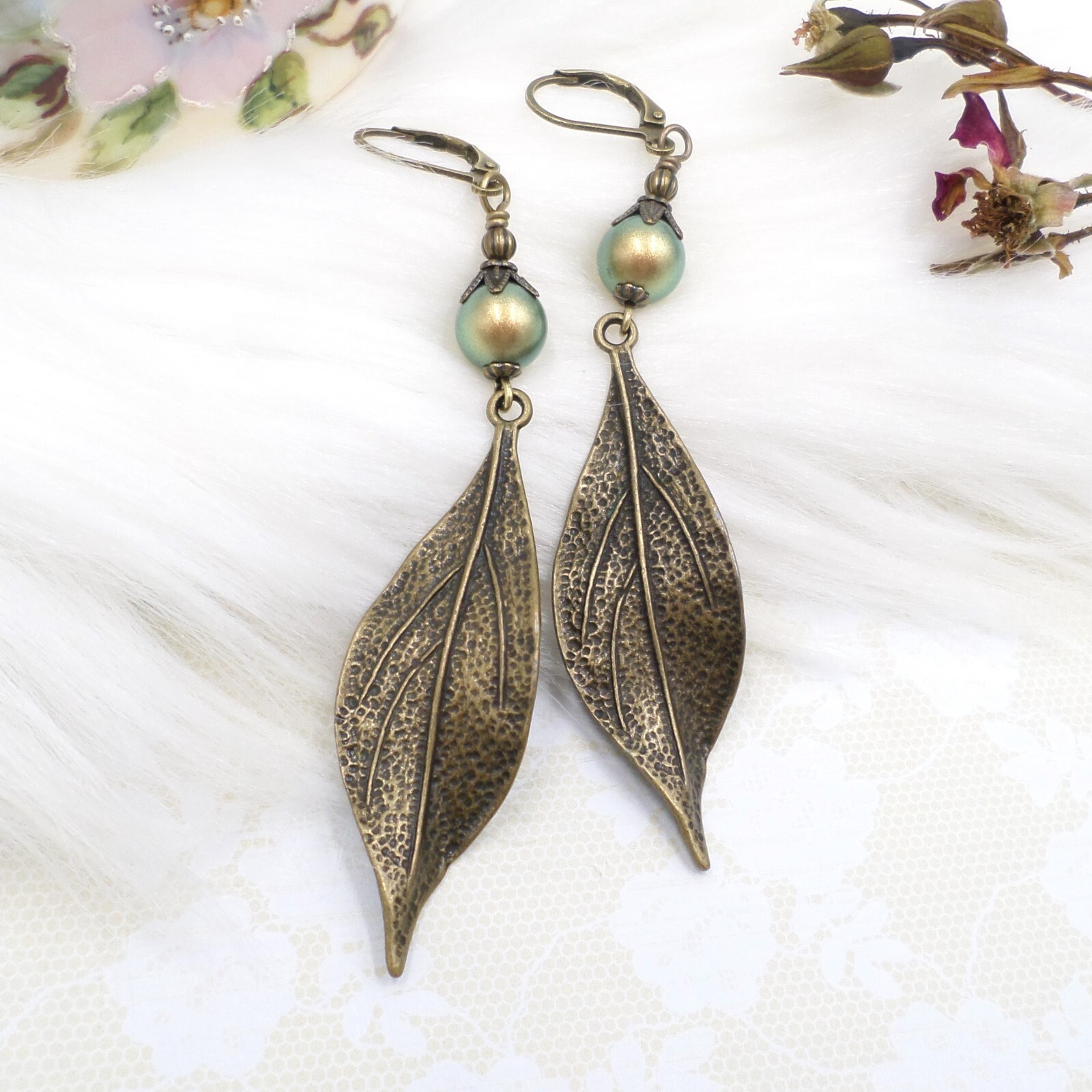 Bohemian Brass Botanical Leaf Earrings, Green Glass Pearl Nature Lover Jewelry
