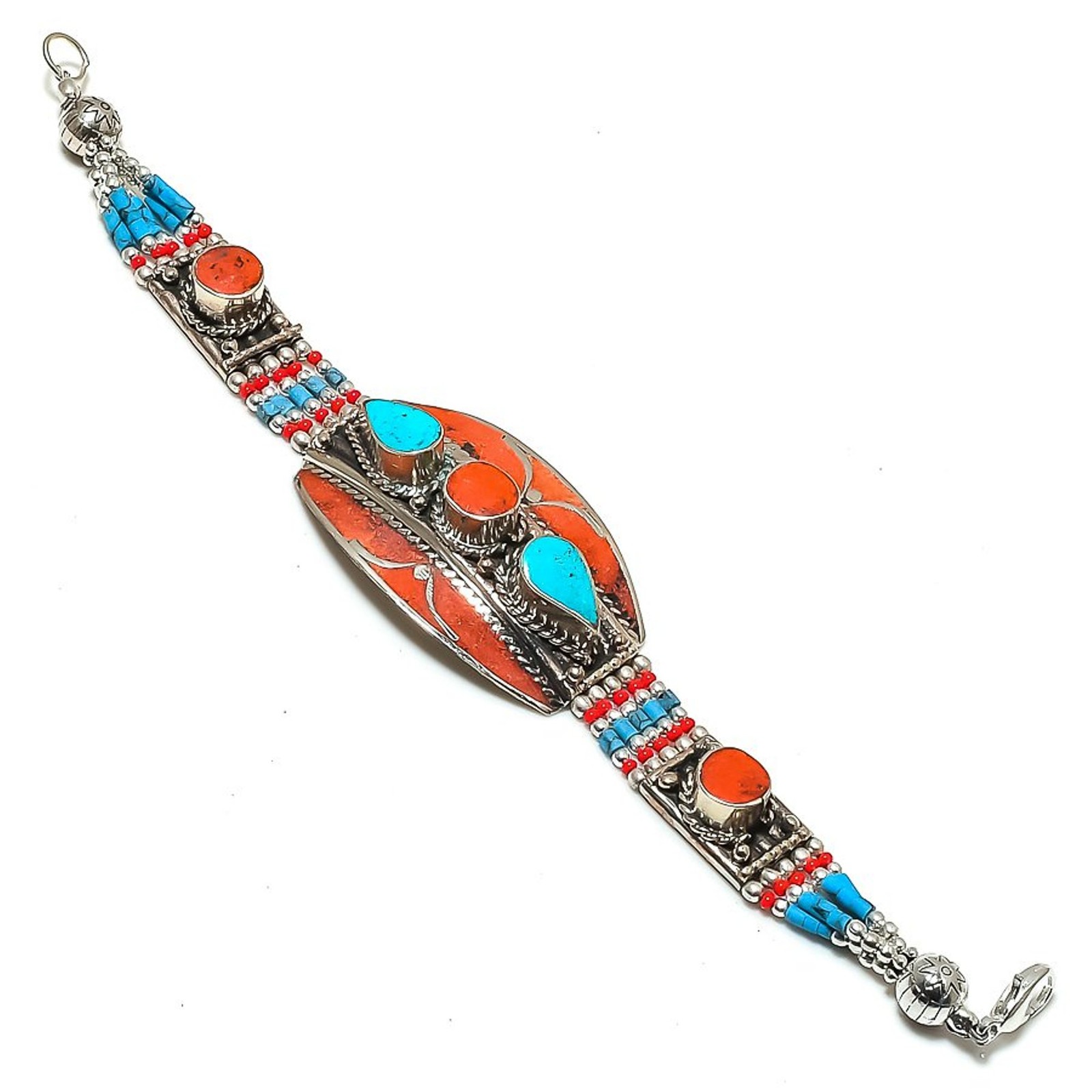 Red Coral Turquoise Bracelet Tibetan Handmade Dainty Nepali Jewelry 7″ NBB 3382