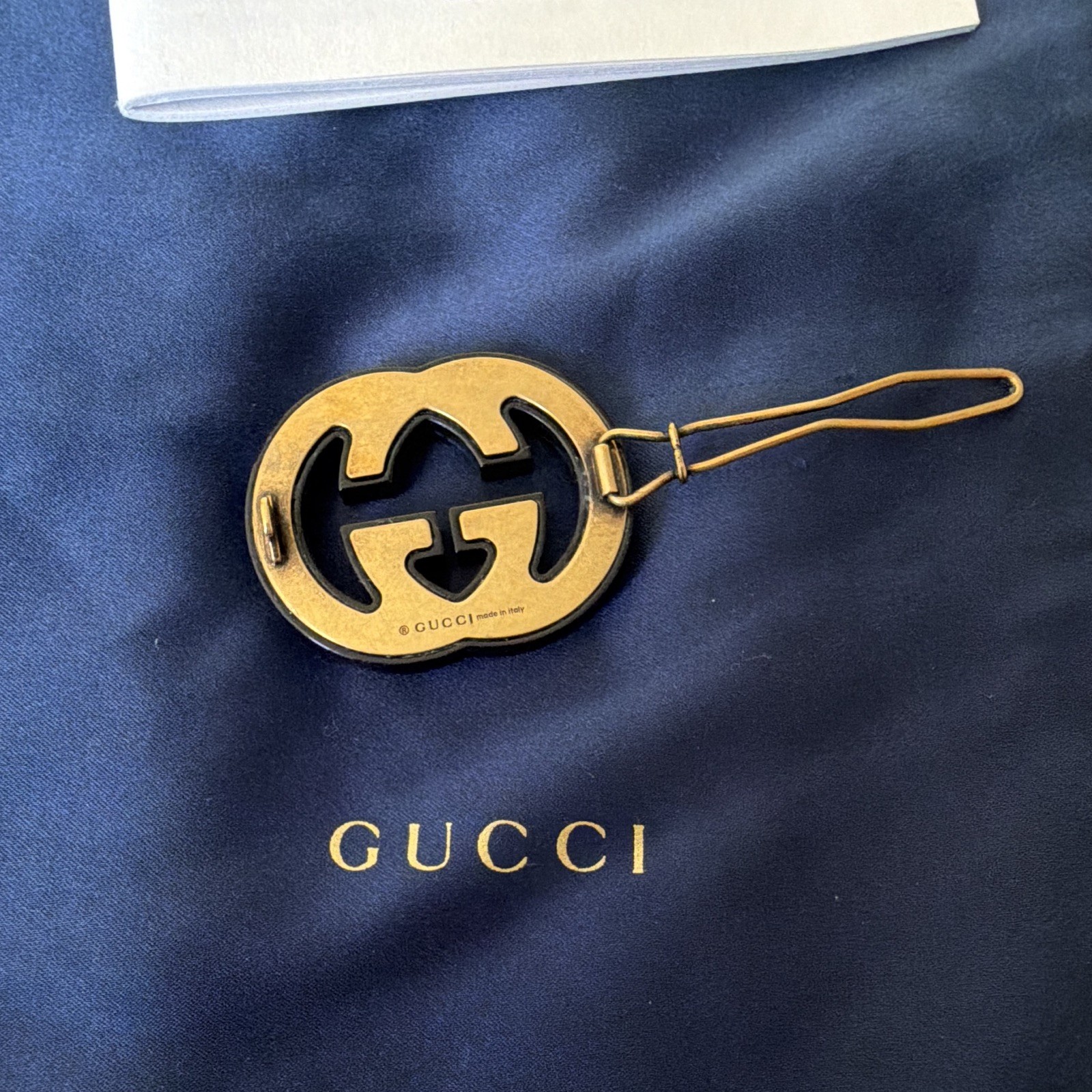 Gucci Signed Interlocking GG Crystal Enamel Oval Brooch Pin Gold/Black