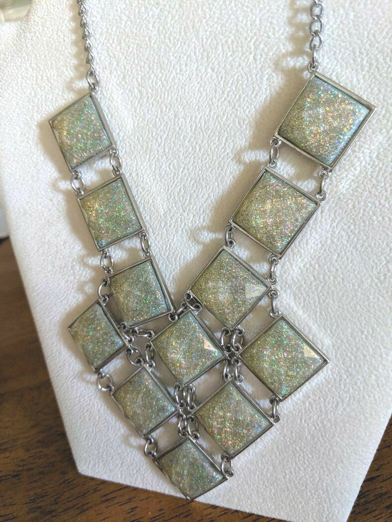 Multi Color Sparkle 12-Diamond Shapes in Graduated Bold Bib Necklace