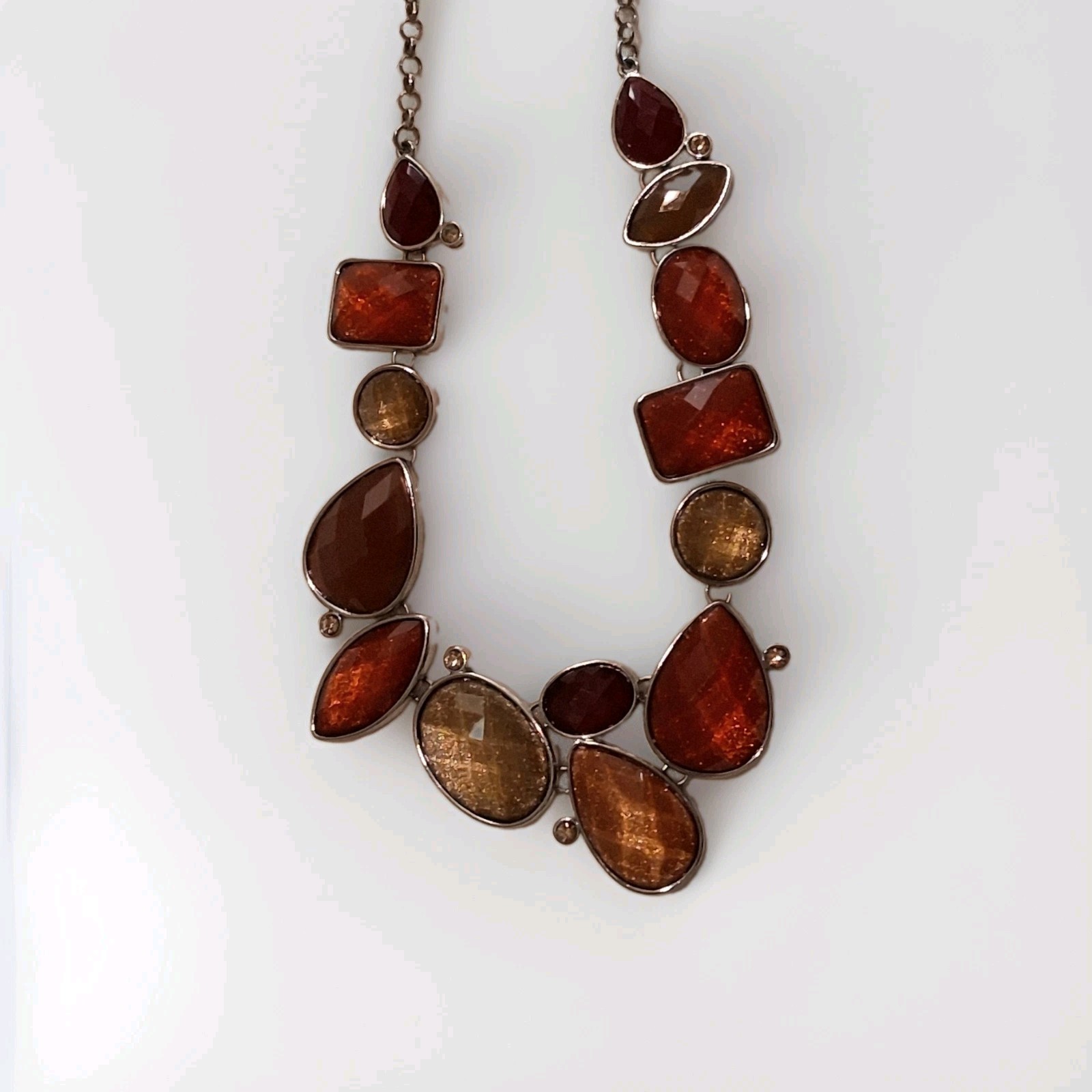 Silver Tone Statement Cable Chain Necklace, Faceted Multicolor Bezel Stones
