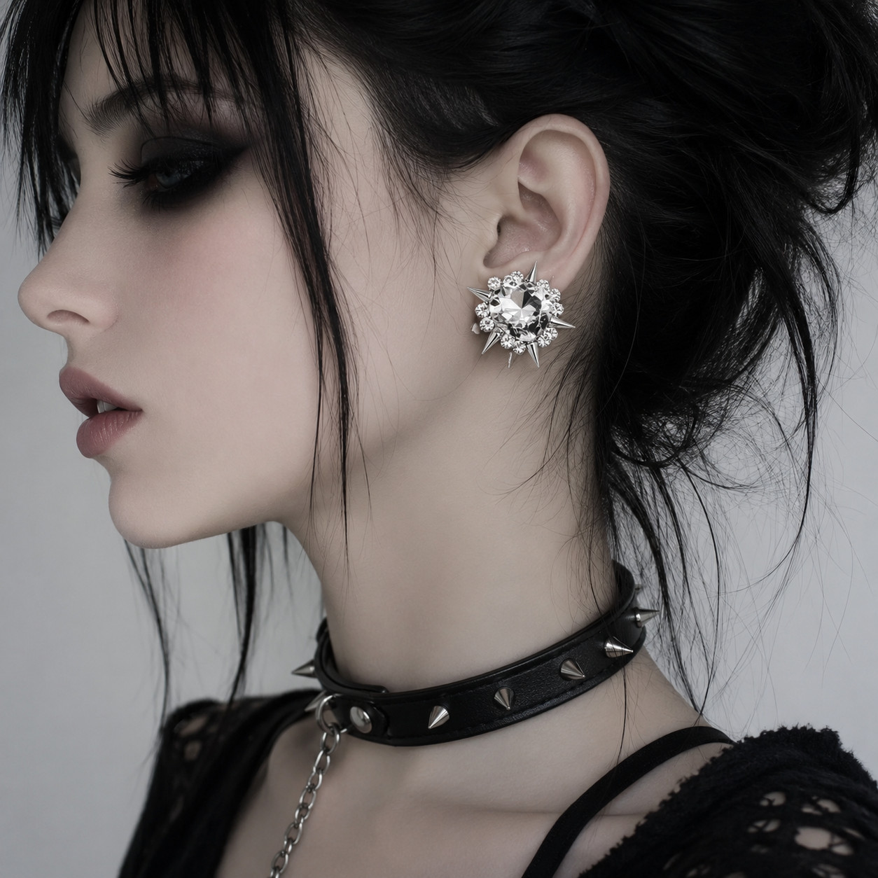 Crystal Heart Spike Stud Earrings Rhinestone Gothic Punk Alt Silver Jewelry