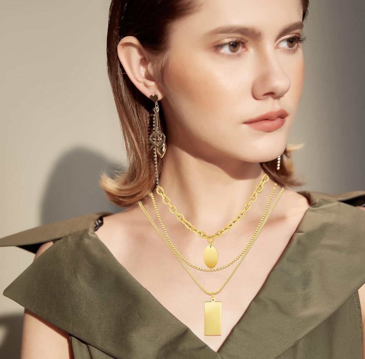 4PCS Gold Layered Necklace Set: bead,thin bead, oval square pendant chunky chain