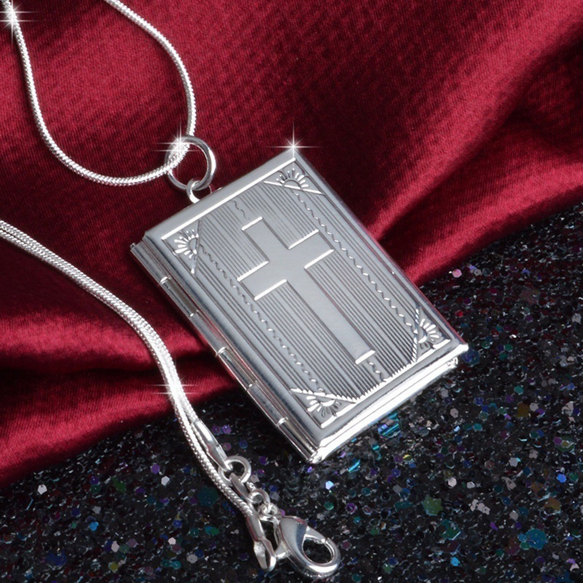 925 Sterling Silver Christian Jesus Cross Crucifix Bible Book Locket Necklace