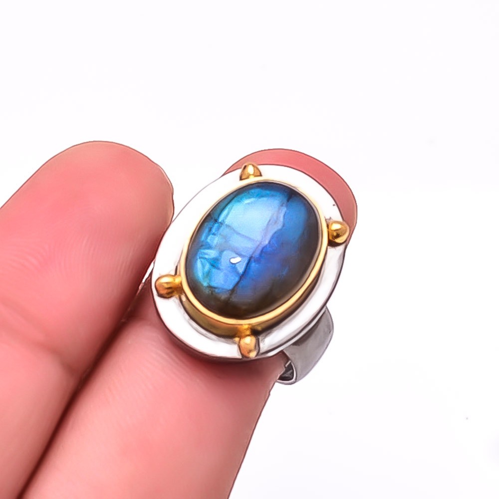 Labradorite – Madagascar Two Tone Designer 925 Sterling Silver Ring S.9 R17