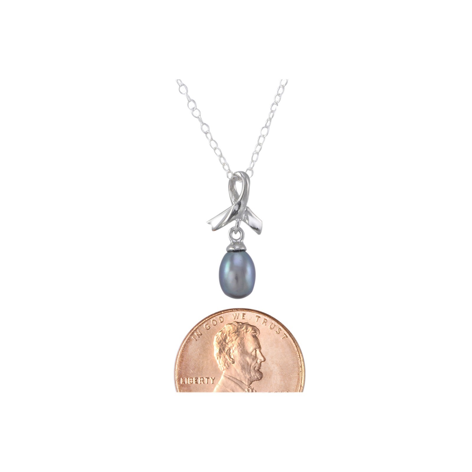 Breast Cancer Ribbon Design Black Freshwater Pearl Necklace Sterling Silver, 18″