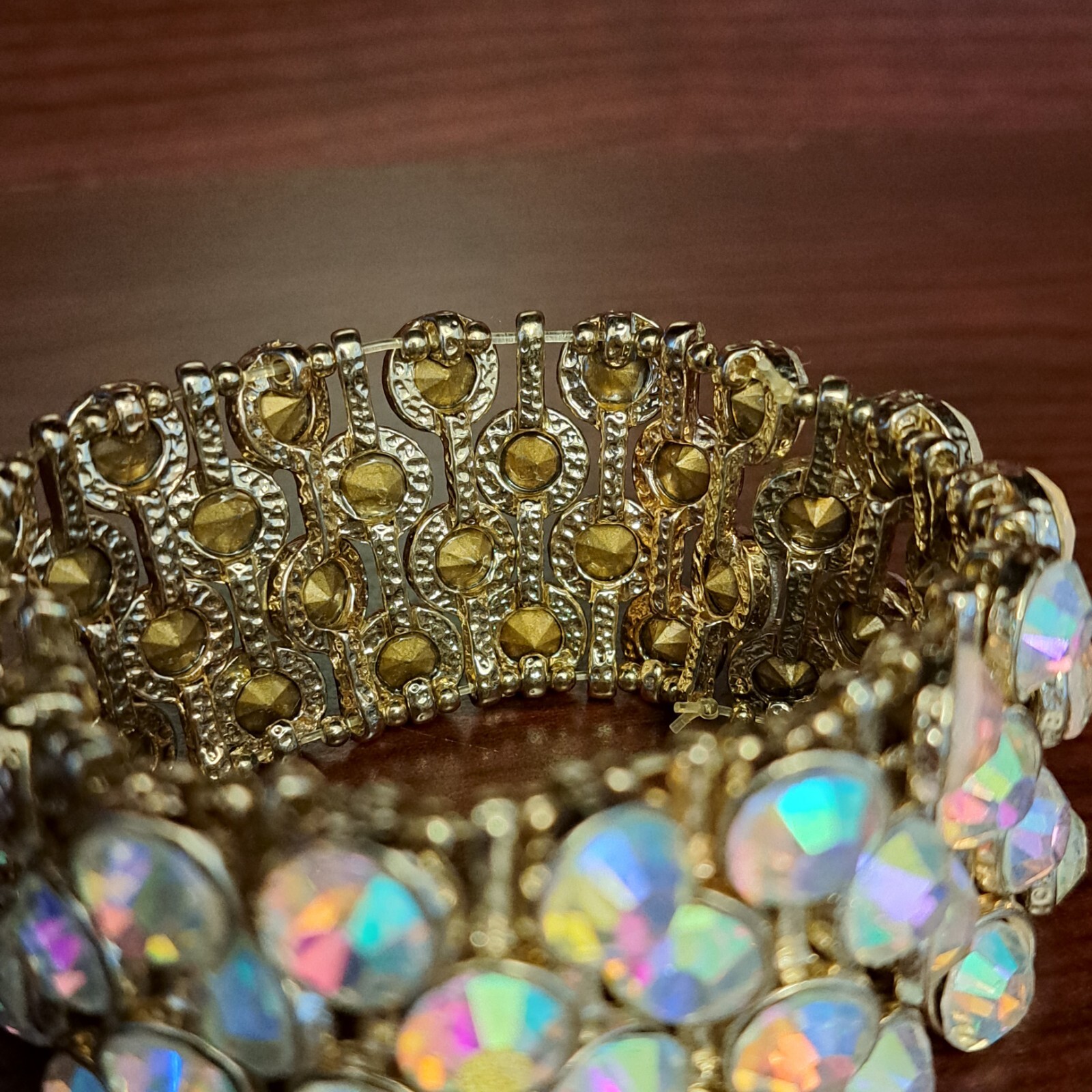 Fashion Heavy Multicolored Rhinestones Bracelet Wide on Elastic Pull On
