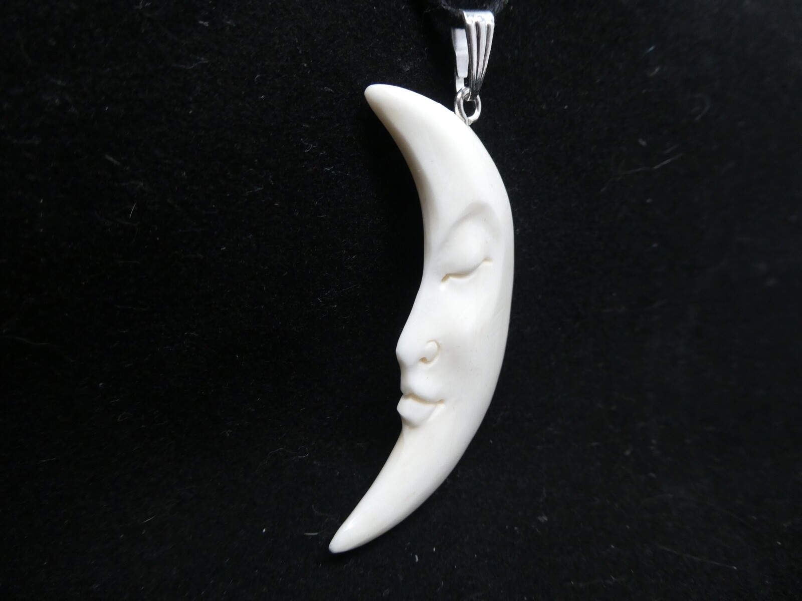 Crescent Half MOON Double Sided Face Carved Water Buffalo Bone Pendant Necklace