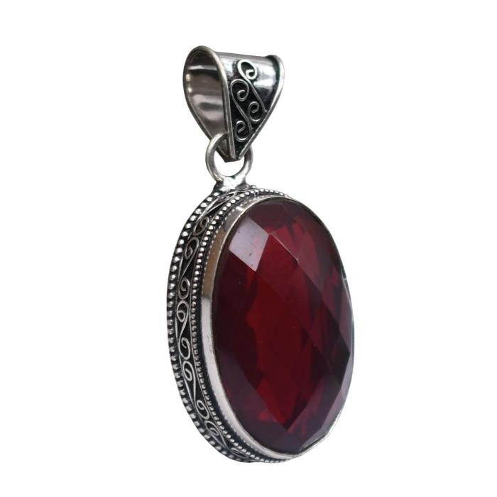 Red Garnet Hydro Gemstone Antique Silver Plated Pendant 2″ J 2071