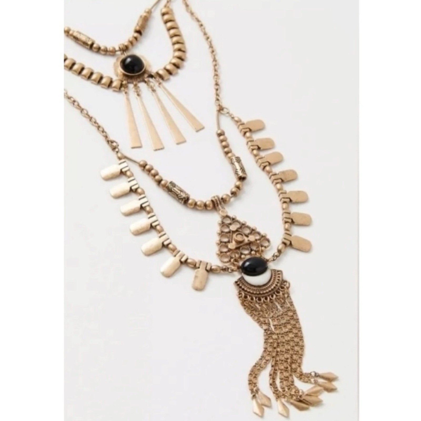 Free People Bring It Home Layered Necklace Gold Black Statement Bohemian Witchy
