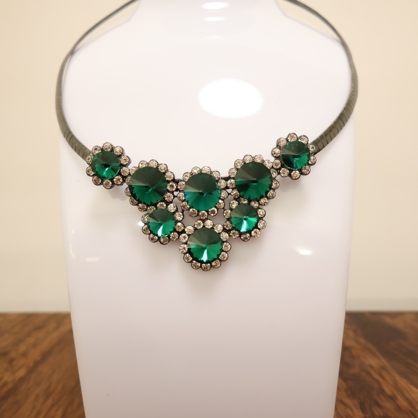 Green crystals necklace statement cluster pendant gunmetal tone collar