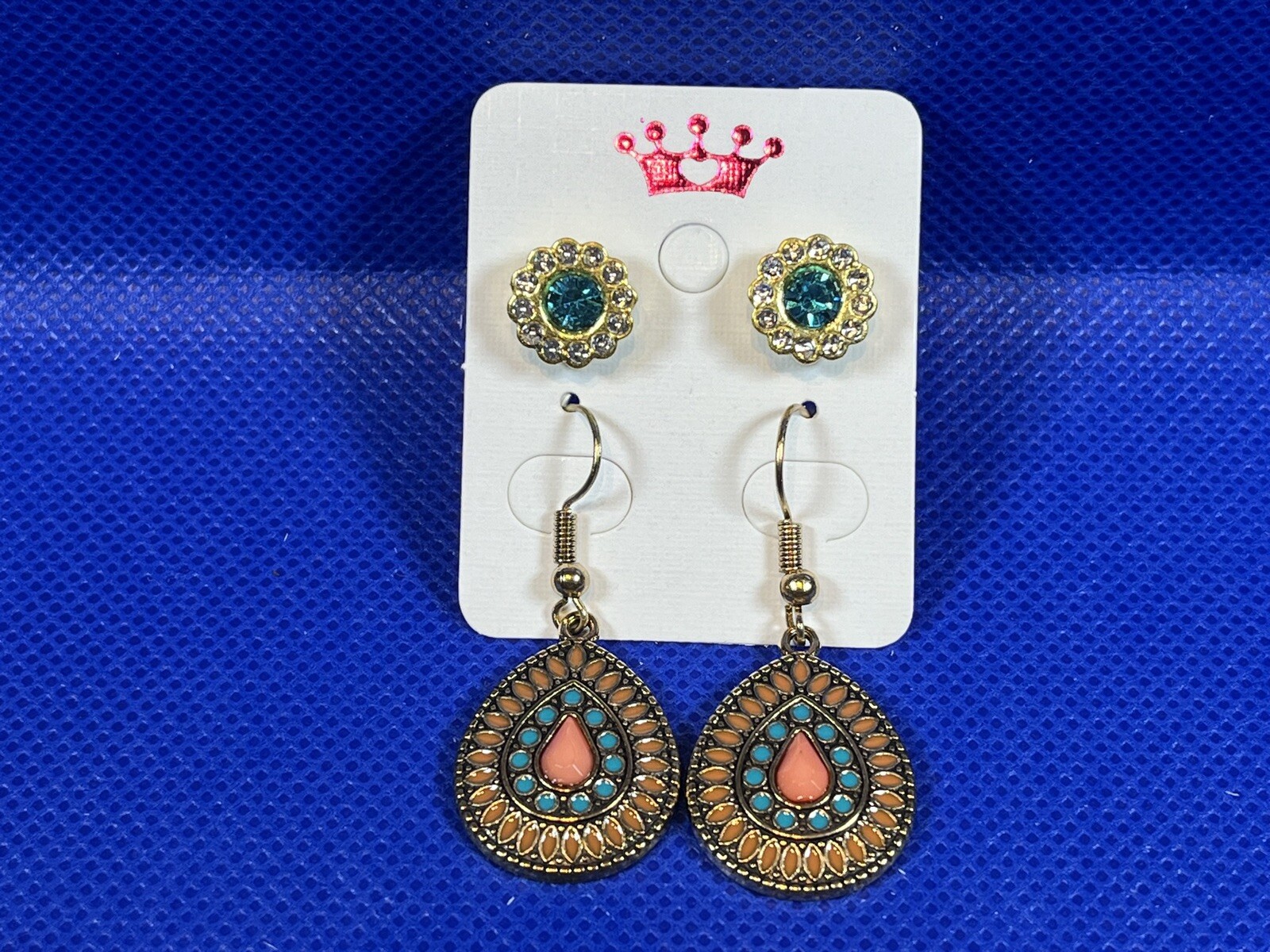 Bohemian Design Colored Gold Dangle Earrings & Floral Aqua Stud Earring Set