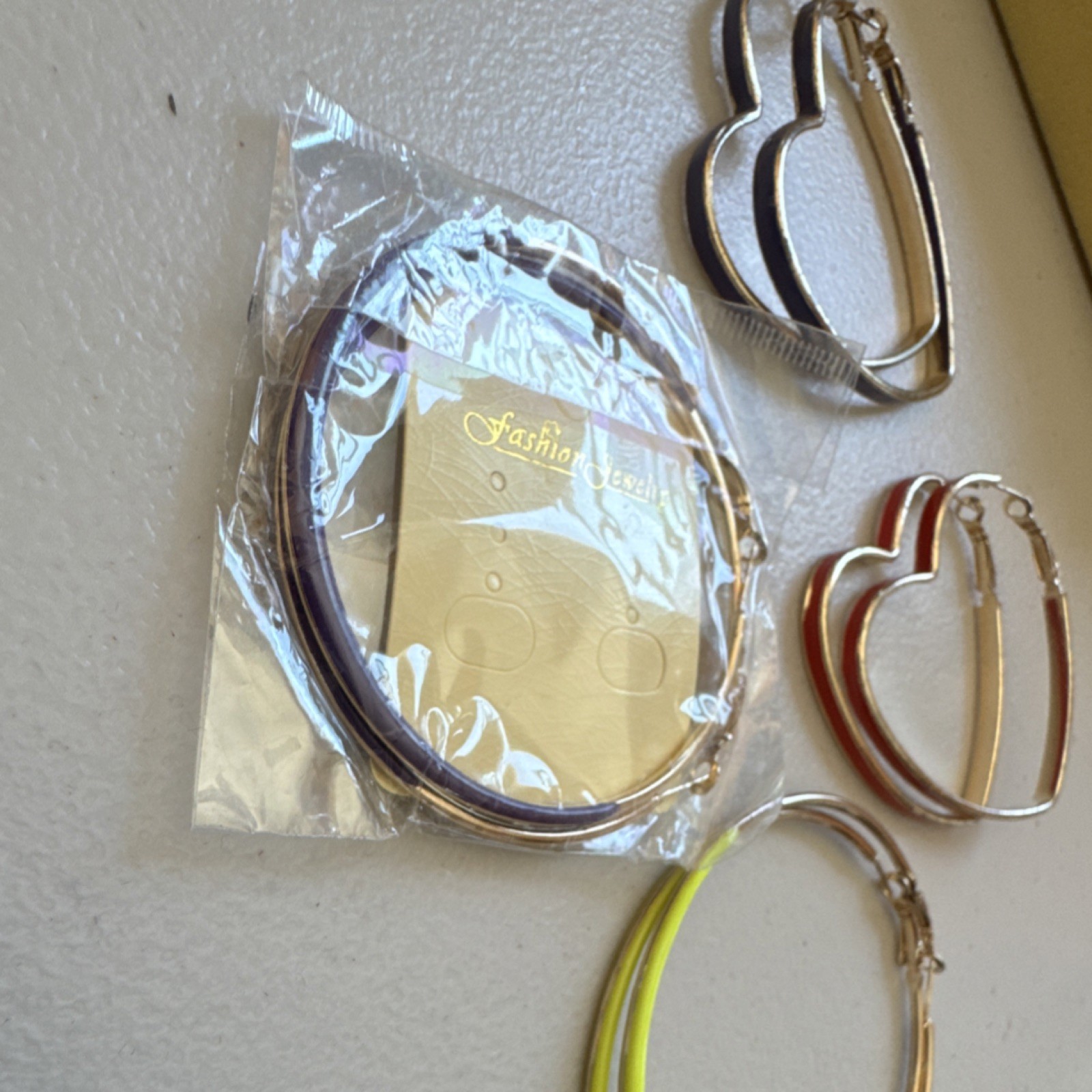 Fashion Jewelry Hoop & Heart Earrings 4 Pairs Silver Red gold tone Metal Plastic