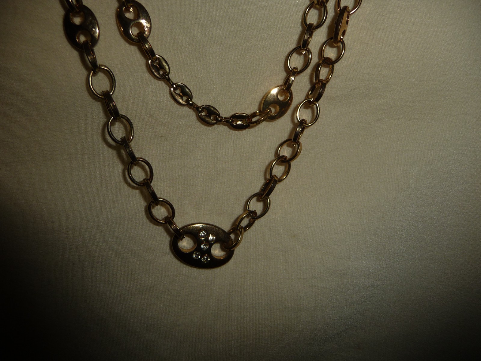LAYERED 2 STRANDS GOLD TONE CHAIN W DESIGNLINK W RHINESTONES NECKLACE #26/19