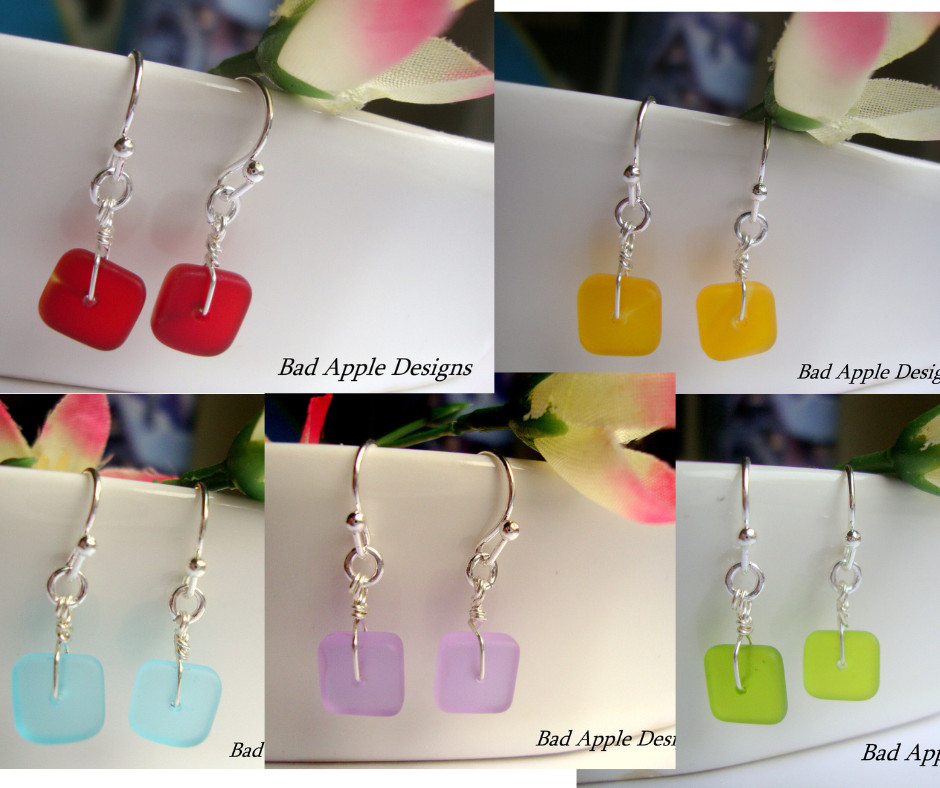 Flat, Forward-Facing, Dainty Frosted Sea GlassSilver Dangle Earrings, Minimalist