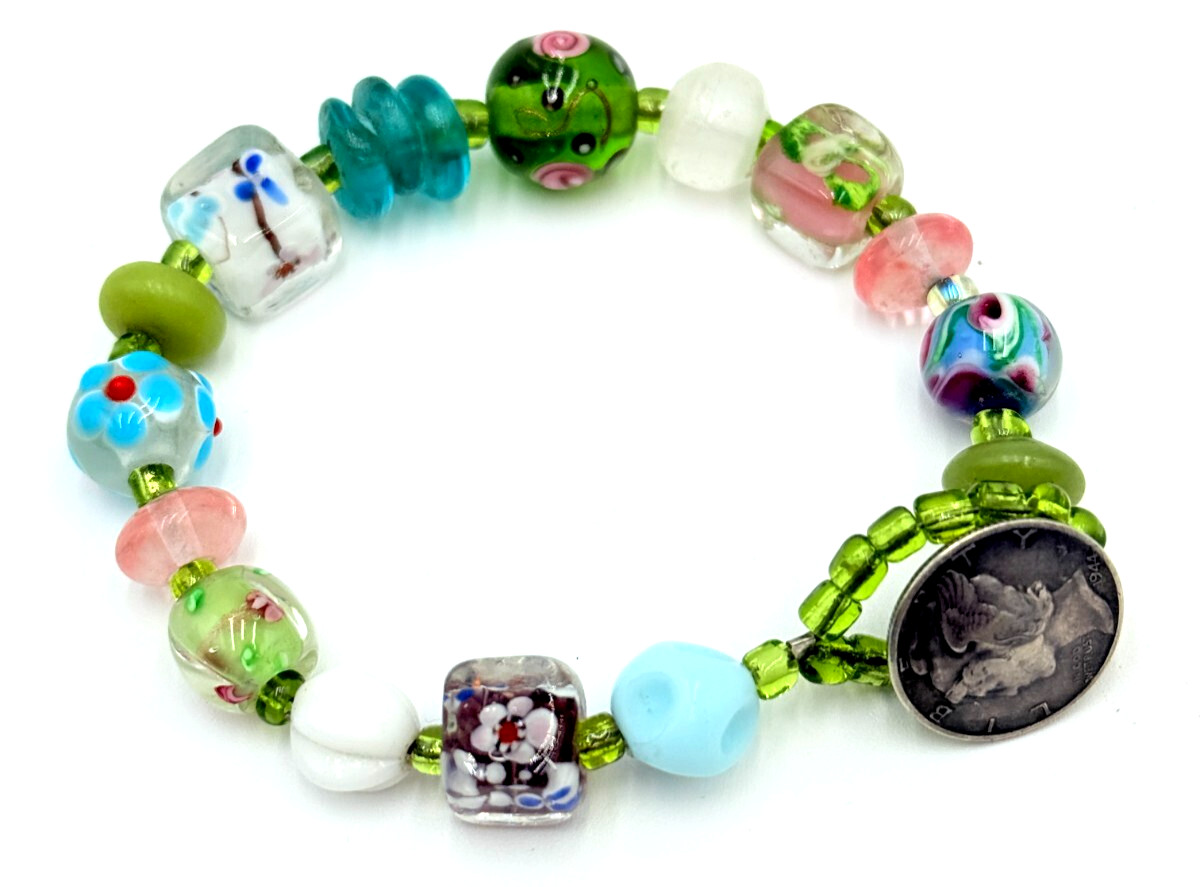 Art Glass & Mercury Dime 1944 925 Sterling Silver Toggle Bracelet