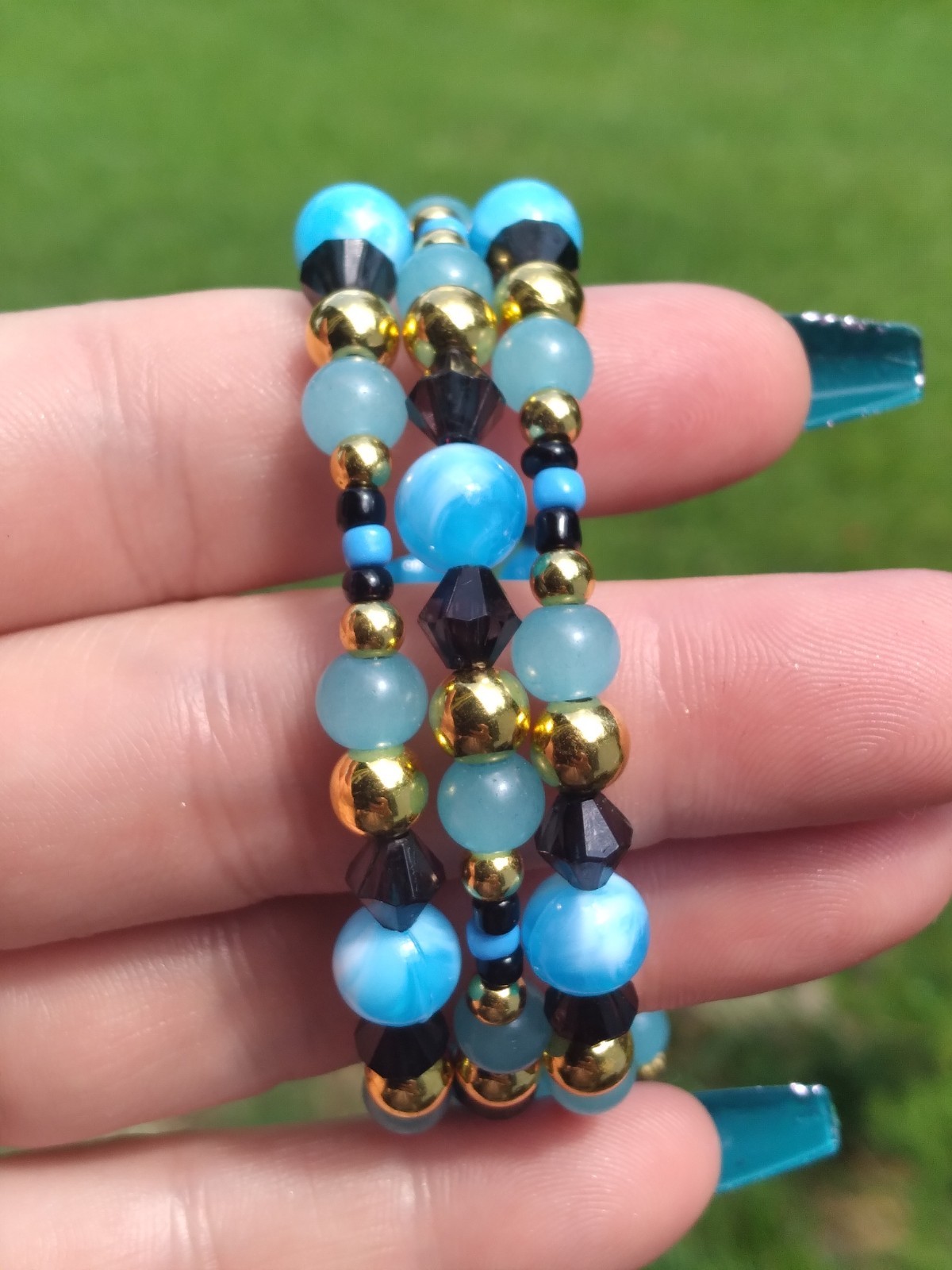 Handcrafted Artisan Blue Black Beaded Memory Wire Bracelet Polymer Clay Cross
