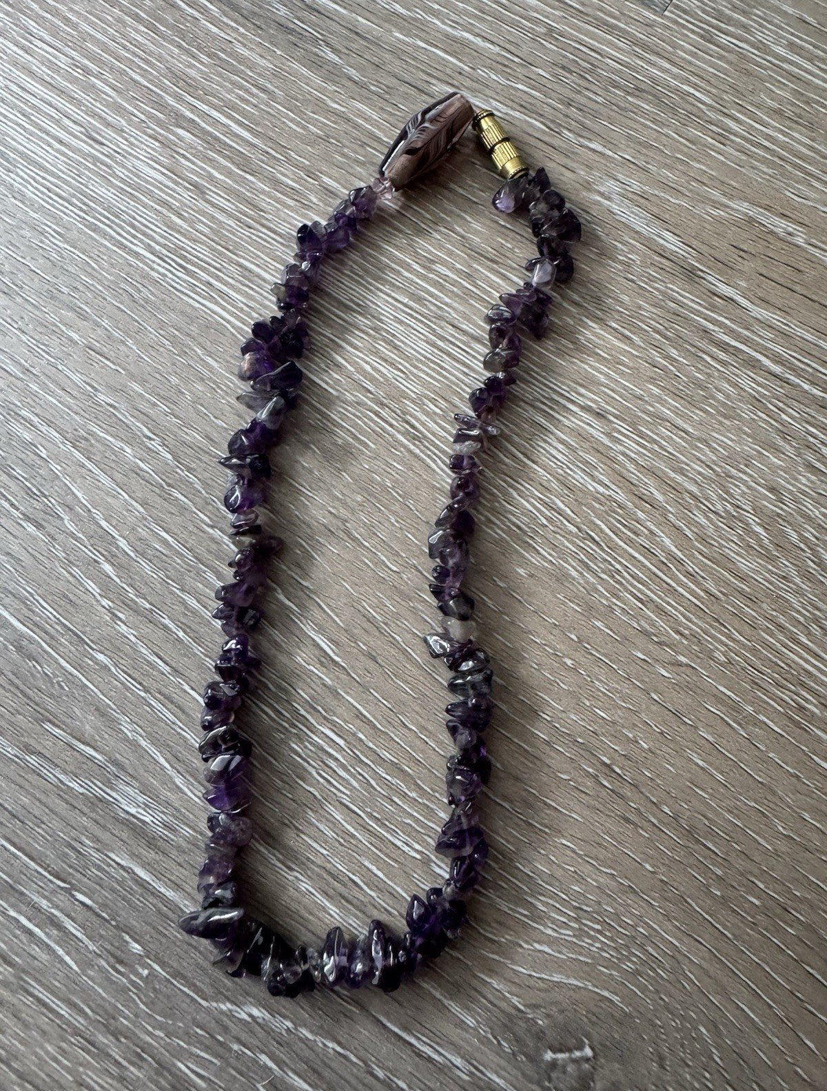 Purple Amethyst Chip & Crystal Beaded Necklace Brass Barrel Closure 15in