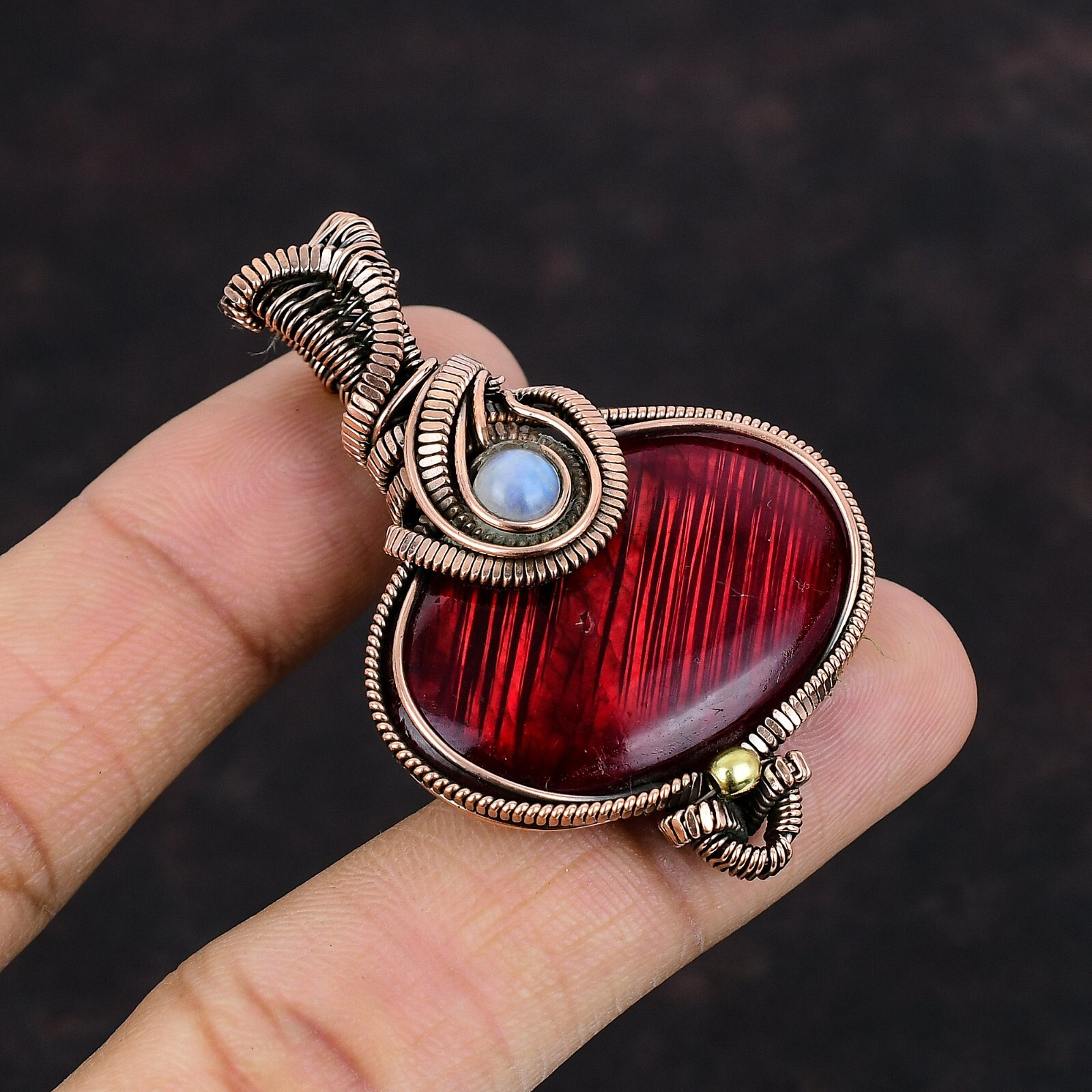 Red Fire Labradorite Copper Gift For Love Wire Wrapped Pendant 2.2″